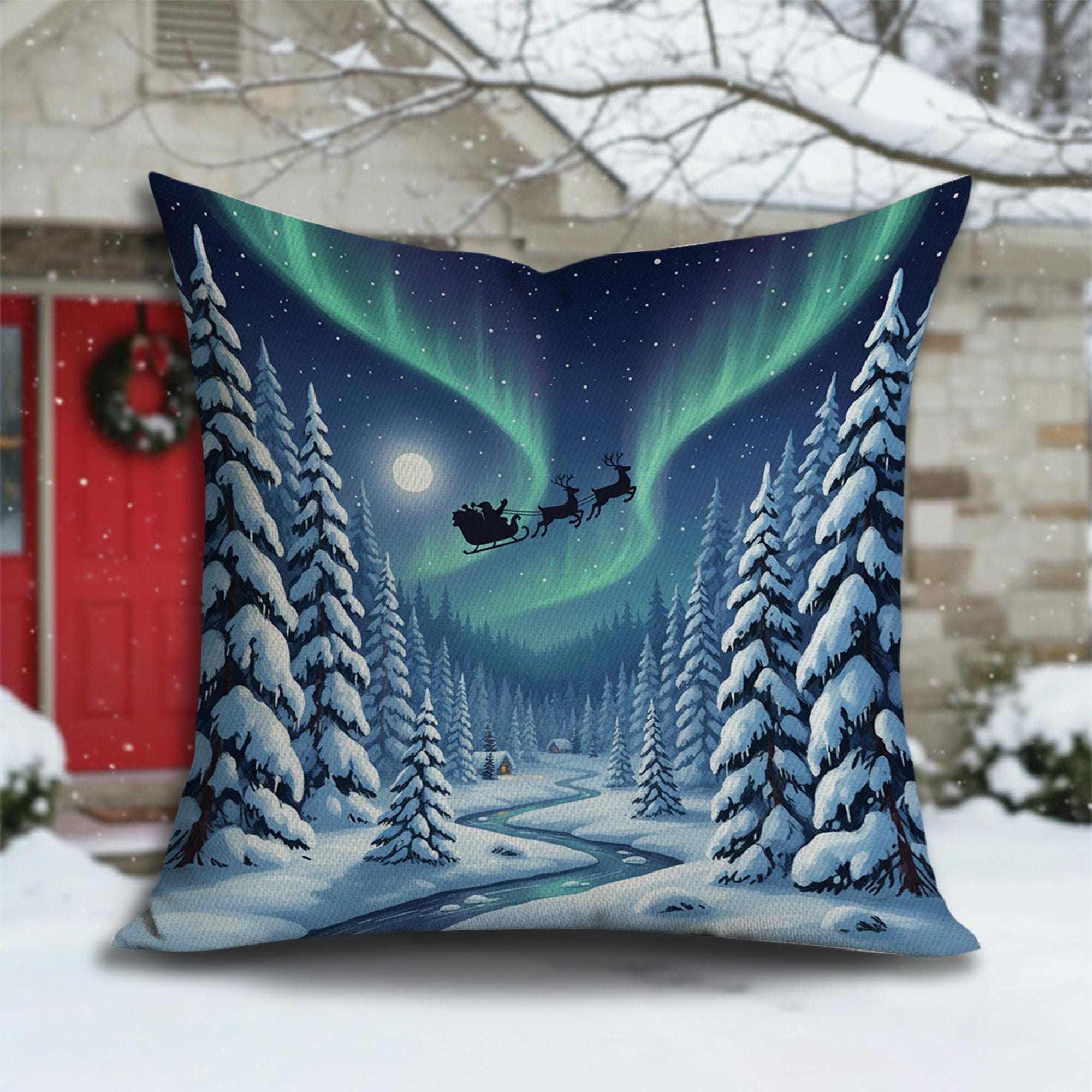 Christmas Pillow with Santa Sleigh and Northern Lights, Winter Snowy Forest Decorative Cushion