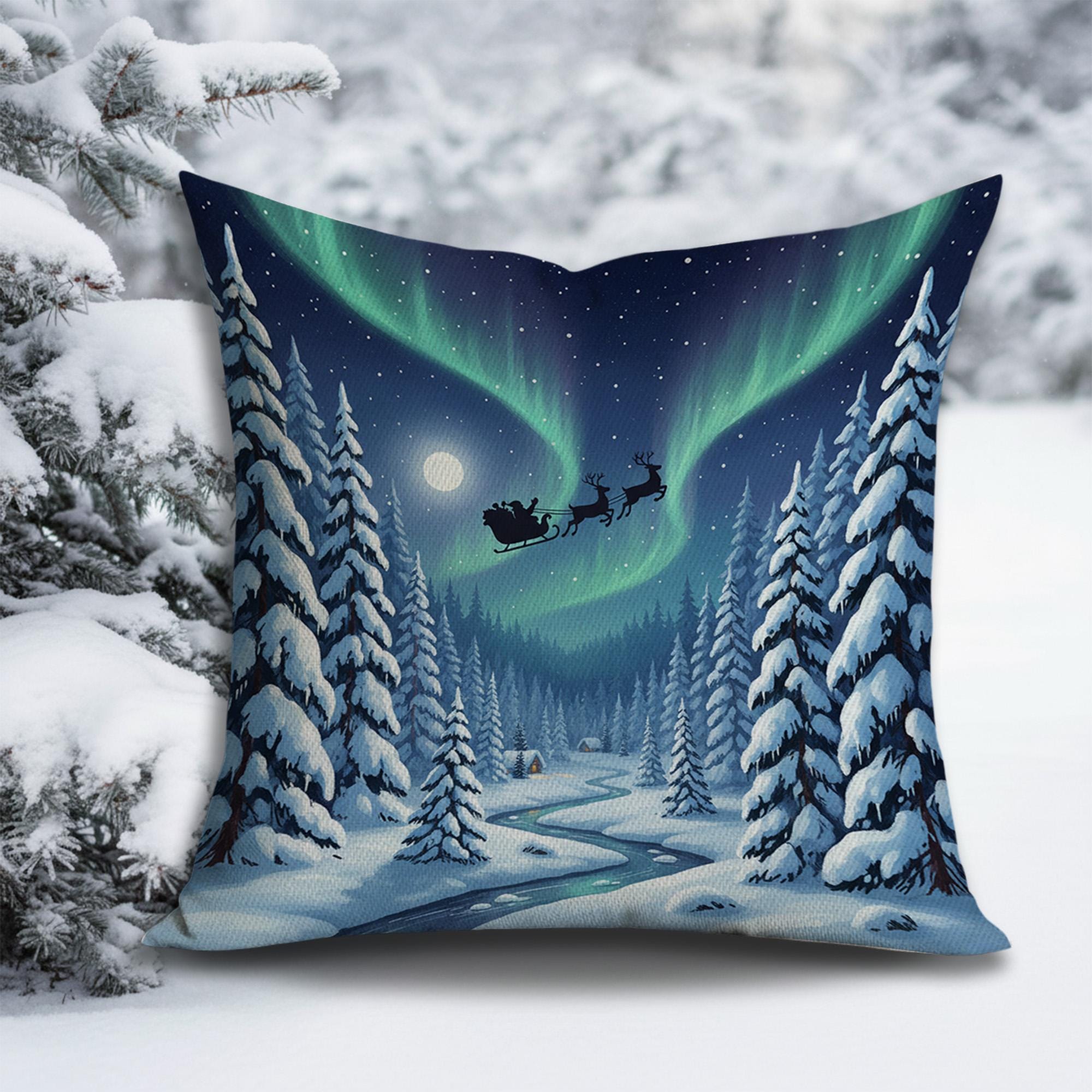 Christmas Pillow with Santa Sleigh and Northern Lights, Winter Snowy Forest Decorative Cushion