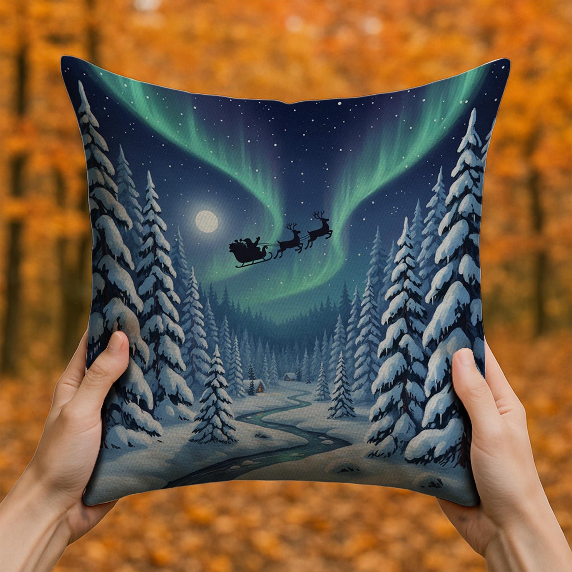Christmas Pillow with Santa Sleigh and Northern Lights, Winter Snowy Forest Decorative Cushion