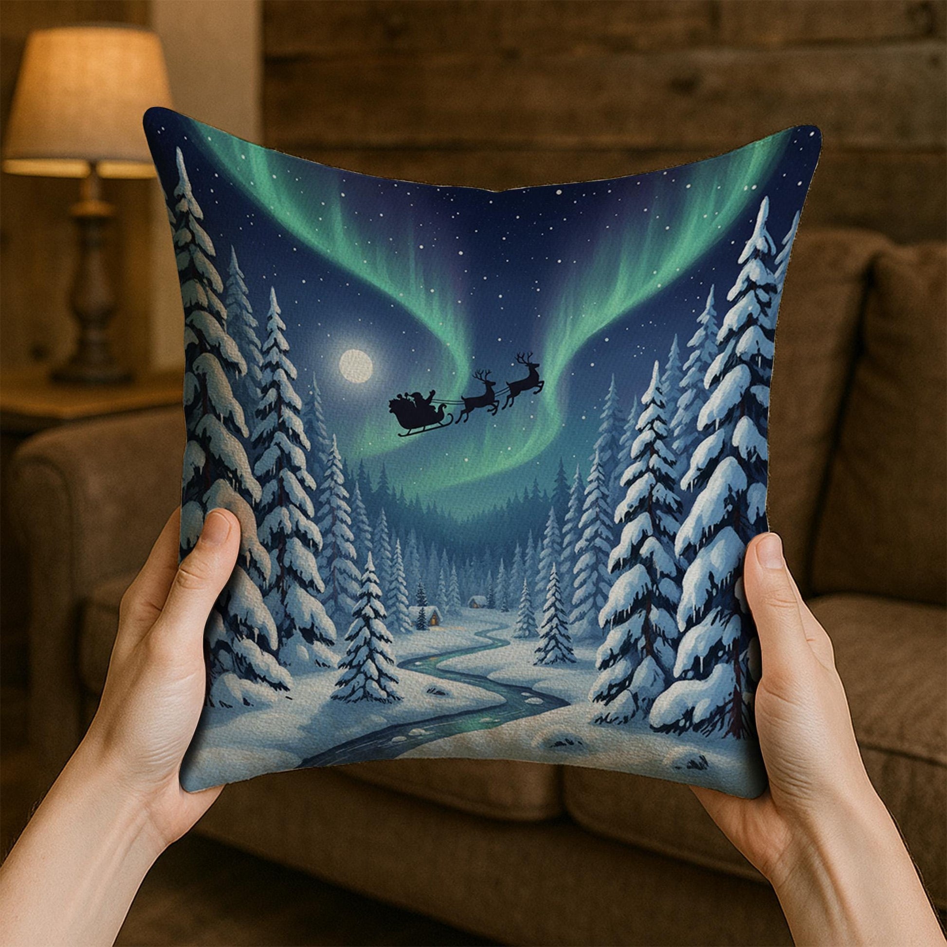 Christmas Pillow with Santa Sleigh and Northern Lights, Winter Snowy Forest Decorative Cushion