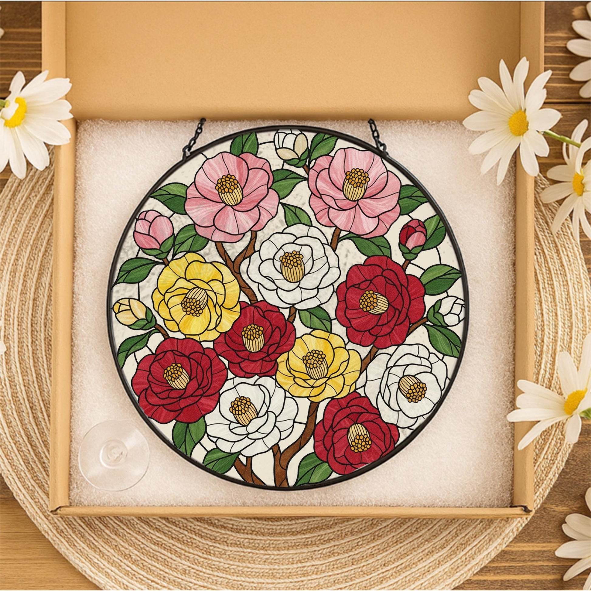 Glass Suncatcher with Floral Design, Round Hanging Faux Stained Glass Window Decoration