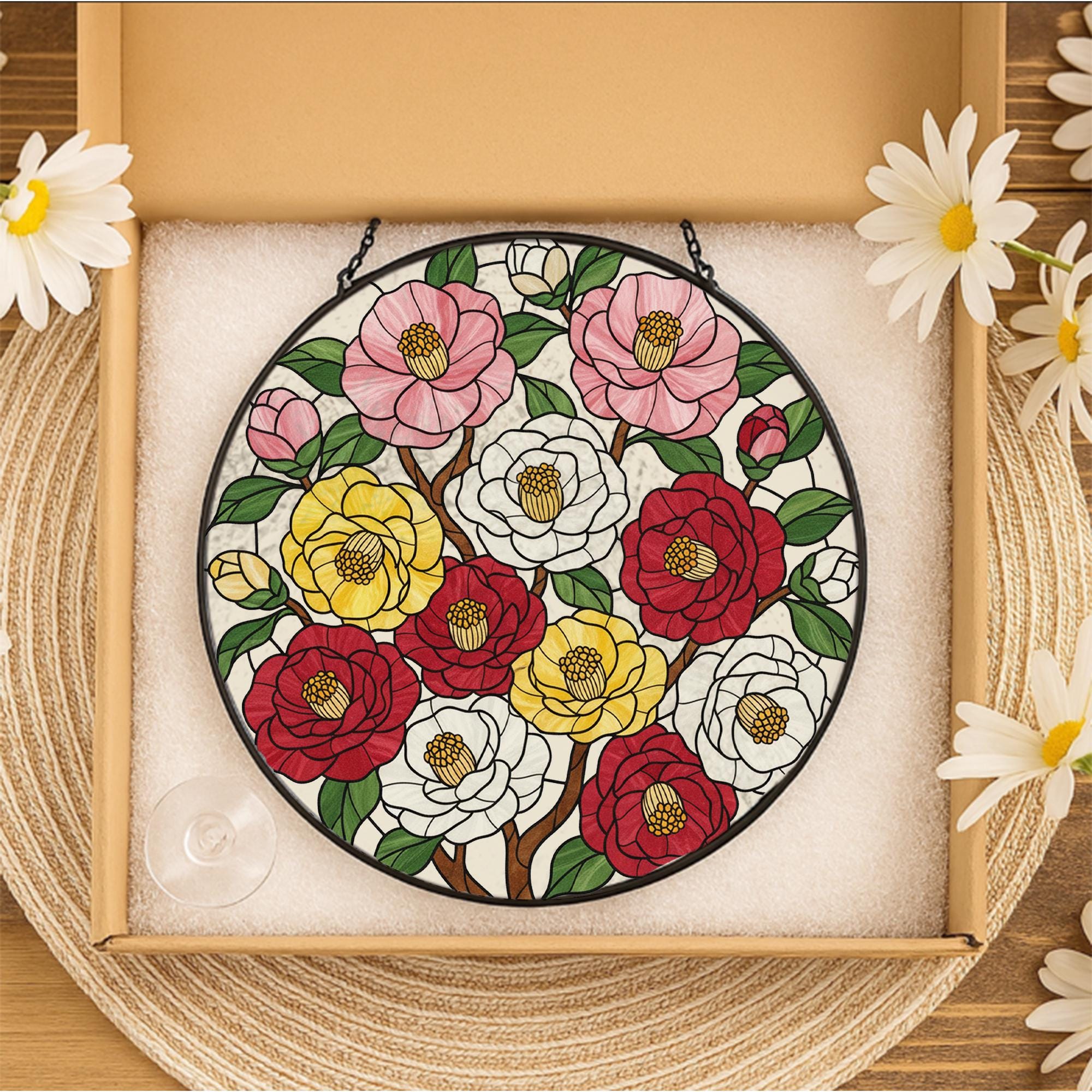 Glass Suncatcher with Floral Design, Round Hanging Faux Stained Glass Window Decoration