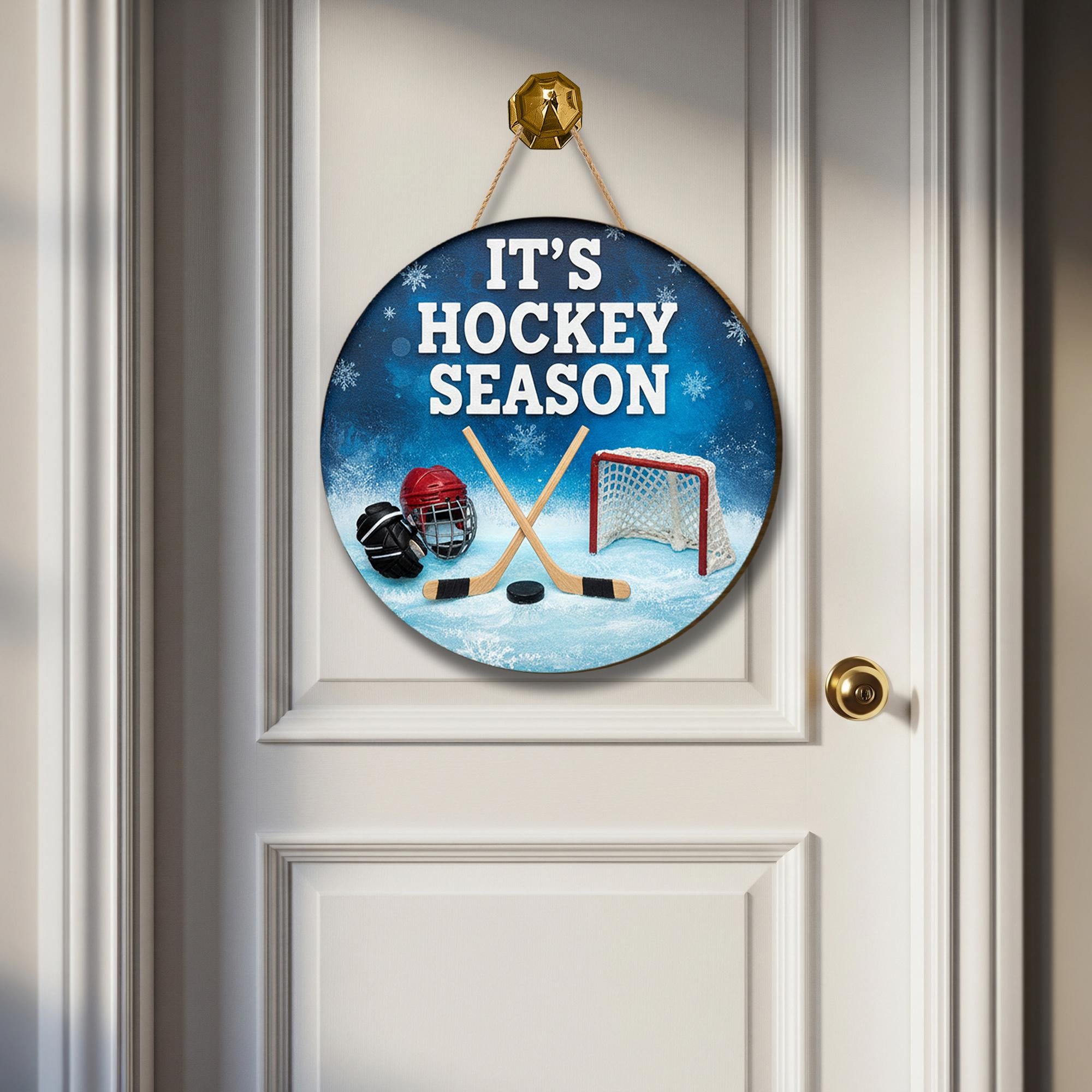 Hockey Season Door Sign - Wooden Winter Sports Home Decor Wall Hanger