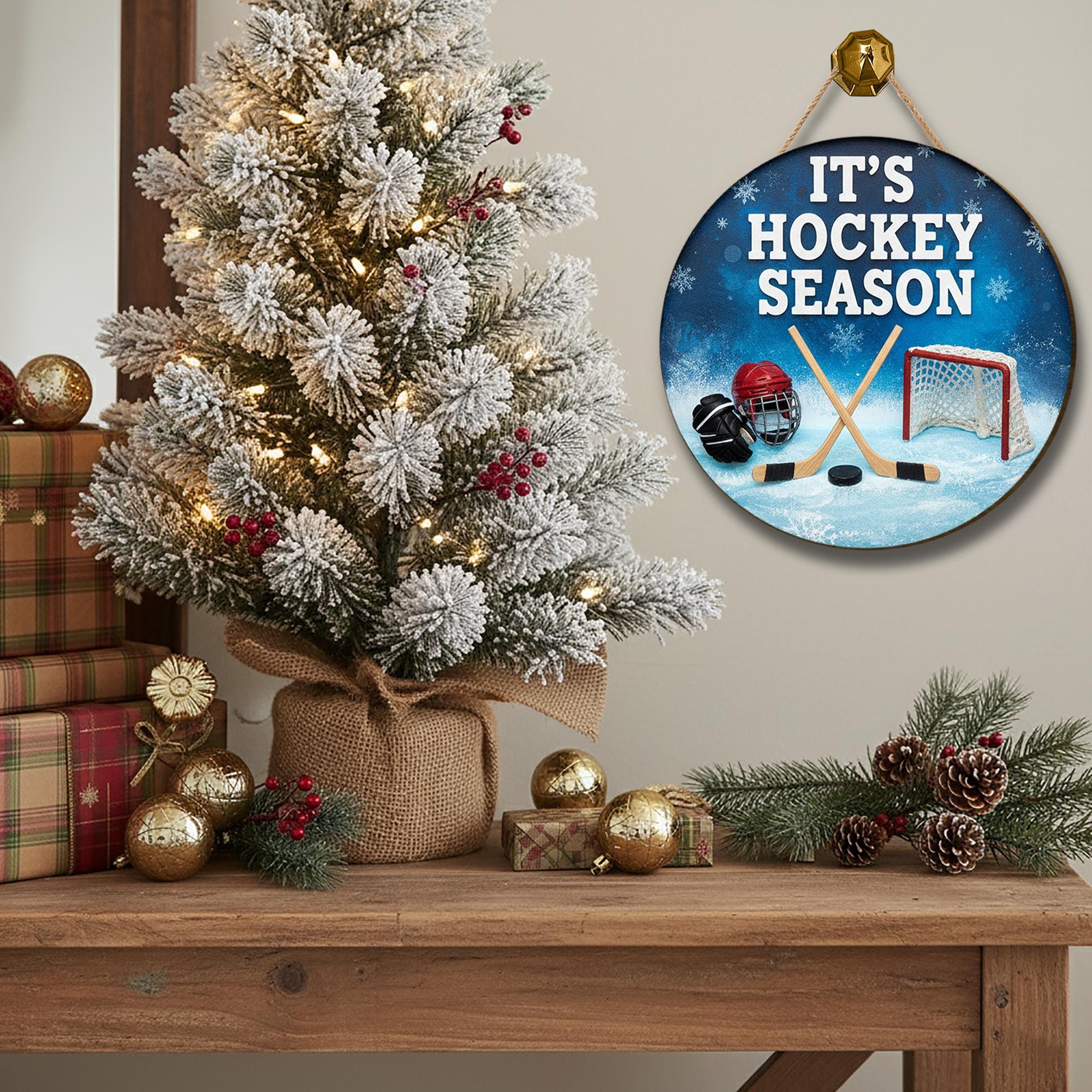 Hockey Season Door Sign - Wooden Winter Sports Home Decor Wall Hanger