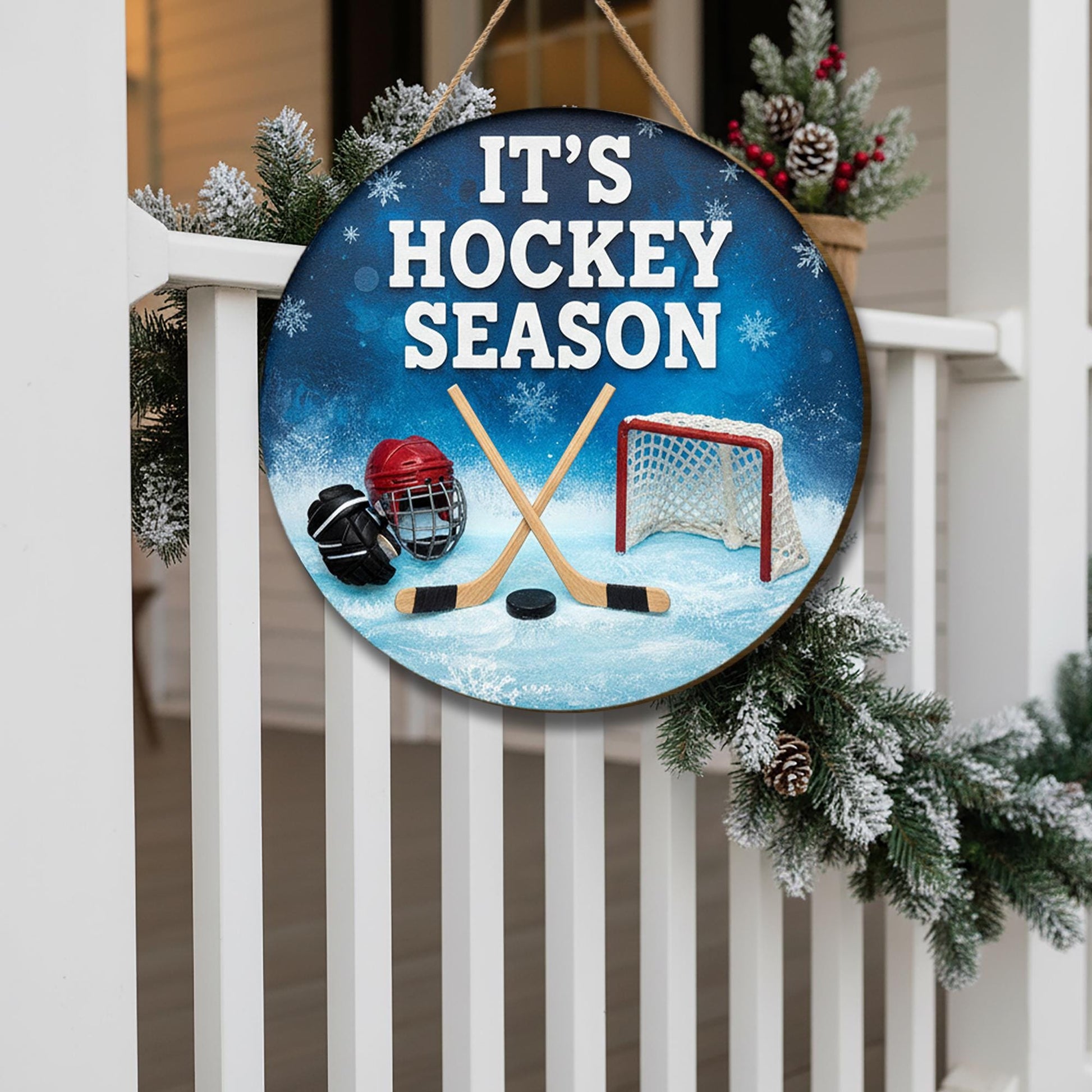 Hockey Season Door Sign - Wooden Winter Sports Home Decor Wall Hanger