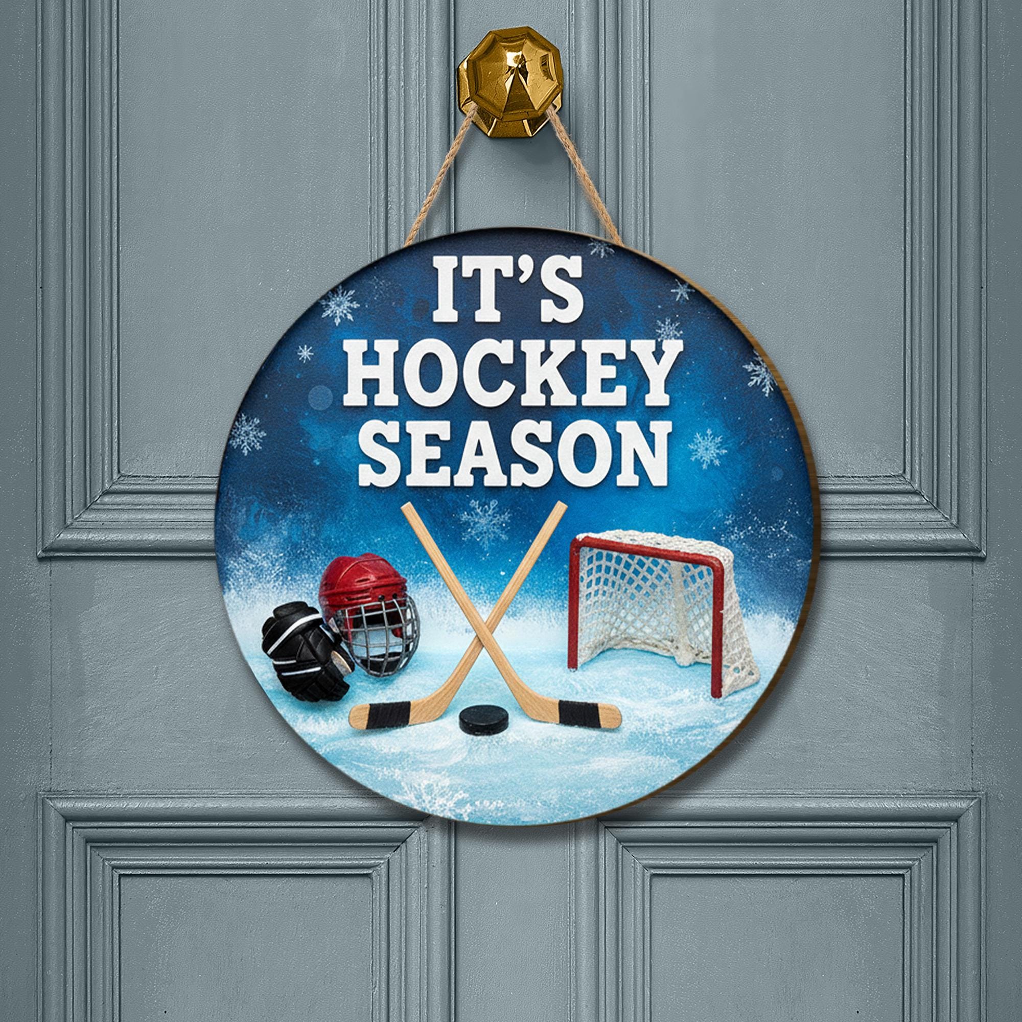 Hockey Season Door Sign - Wooden Winter Sports Home Decor Wall Hanger