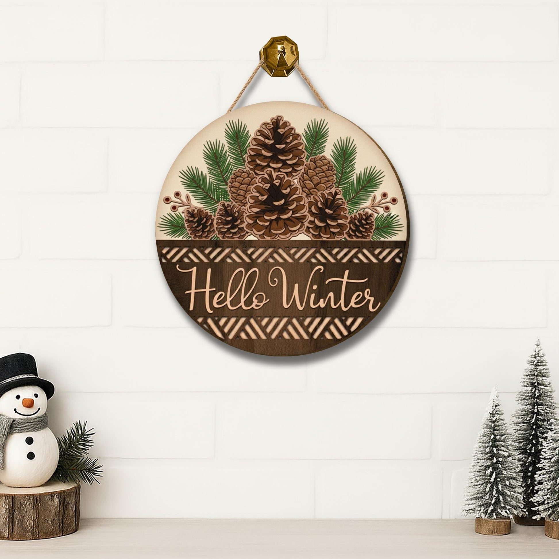 Hello Winter 2-Layer Door Sign - Rustic Pinecone Wreath Seasonal Home Decor