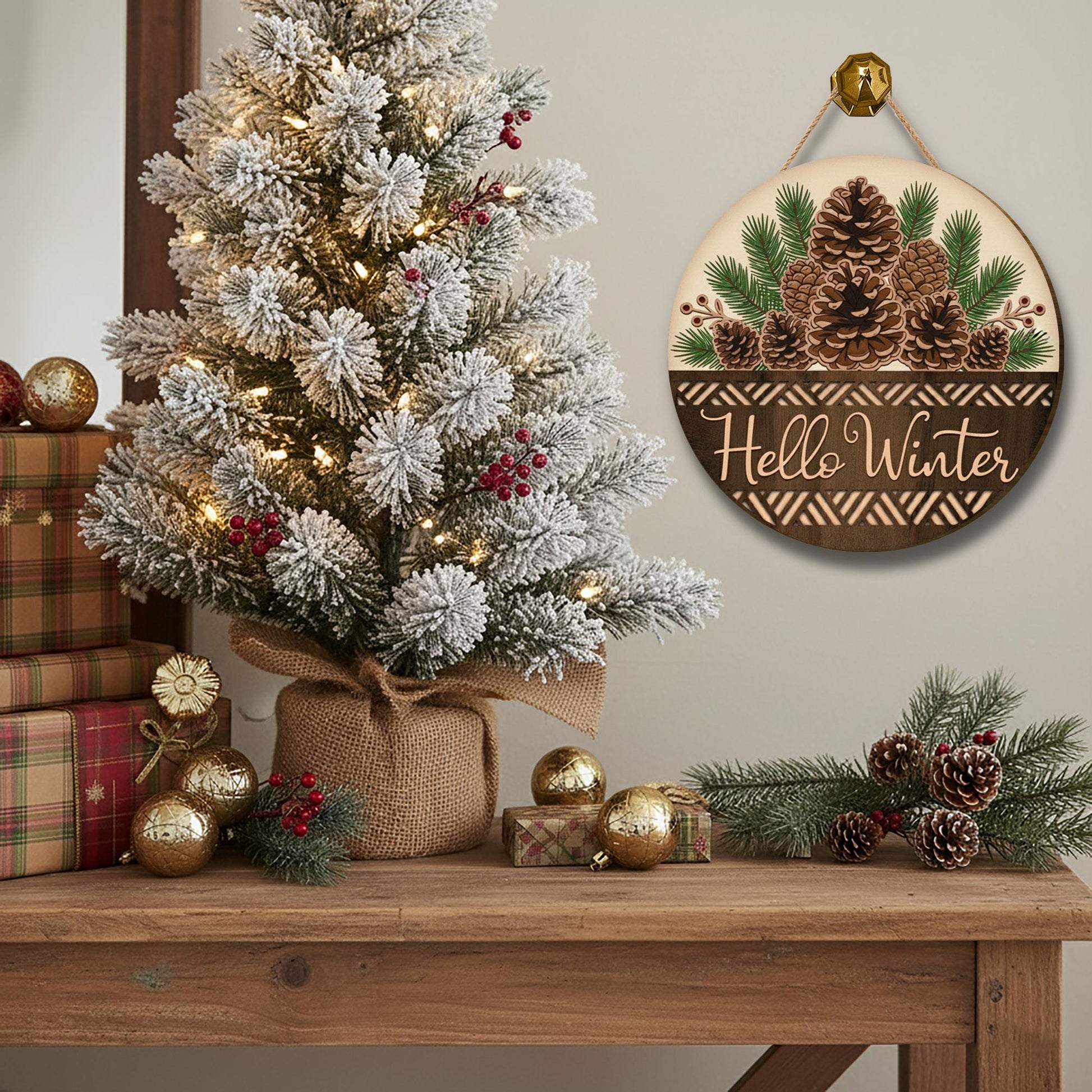 Hello Winter 2-Layer Door Sign - Rustic Pinecone Wreath Seasonal Home Decor