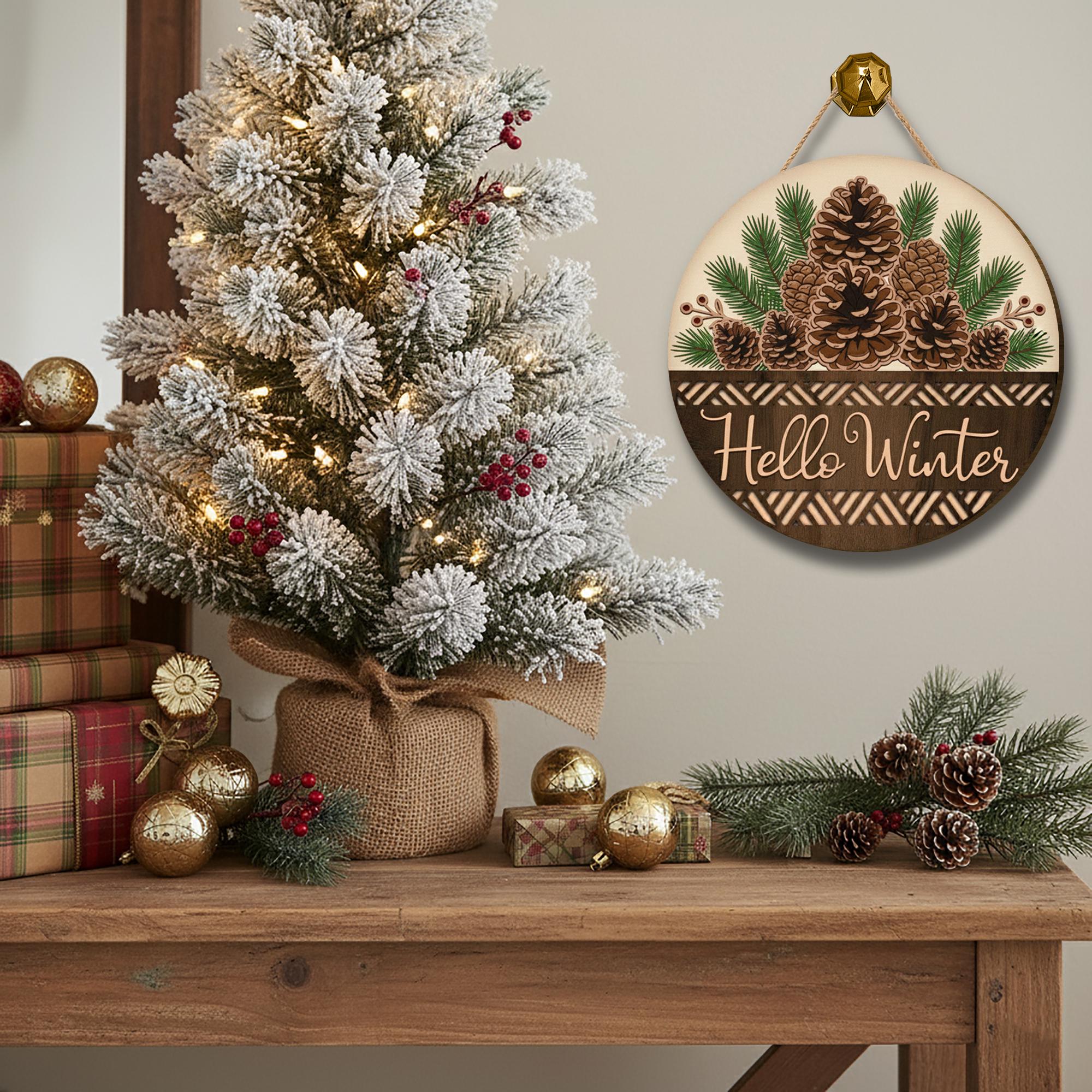 Hello Winter 2-Layer Door Sign - Rustic Pinecone Wreath Seasonal Home Decor