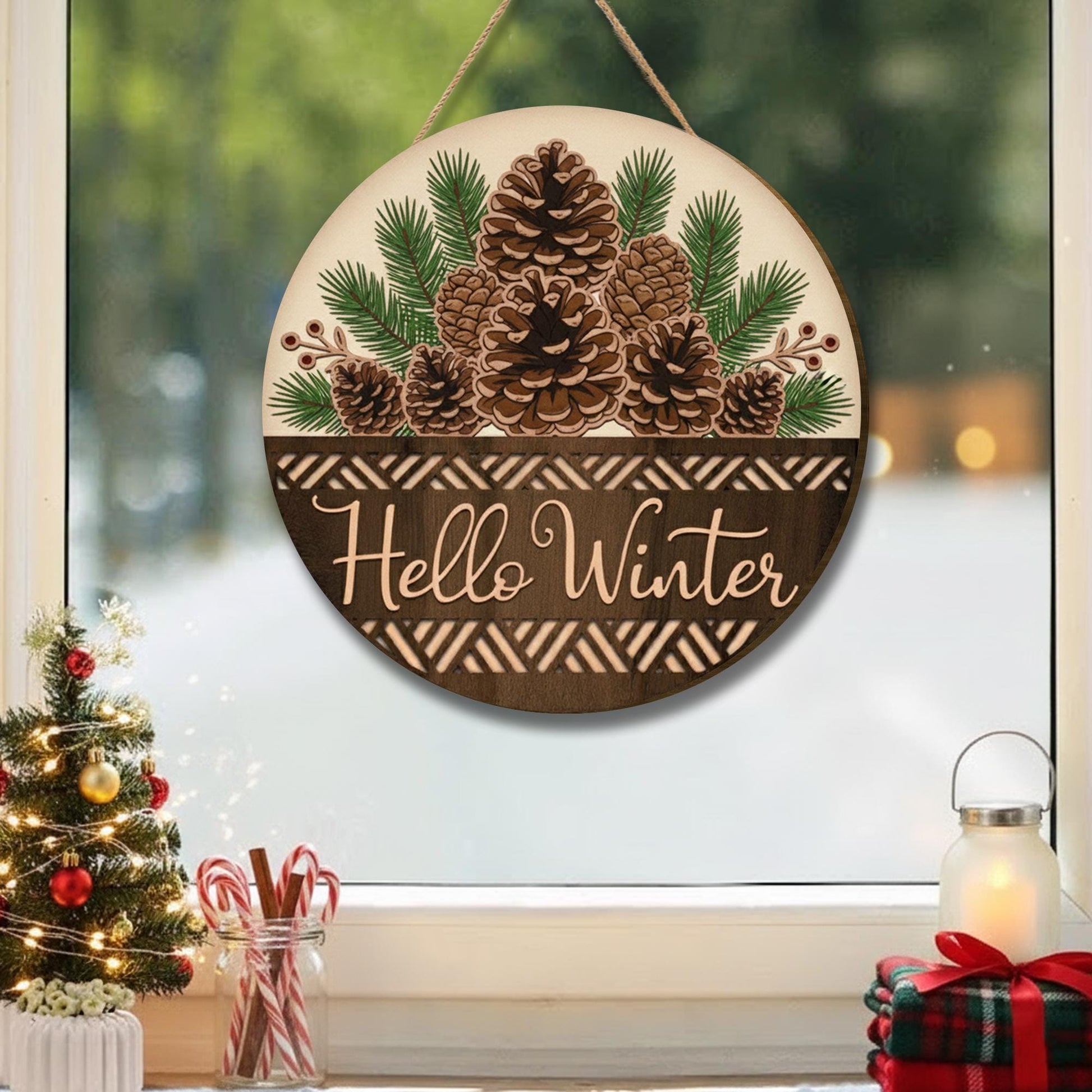 Hello Winter 2-Layer Door Sign - Rustic Pinecone Wreath Seasonal Home Decor