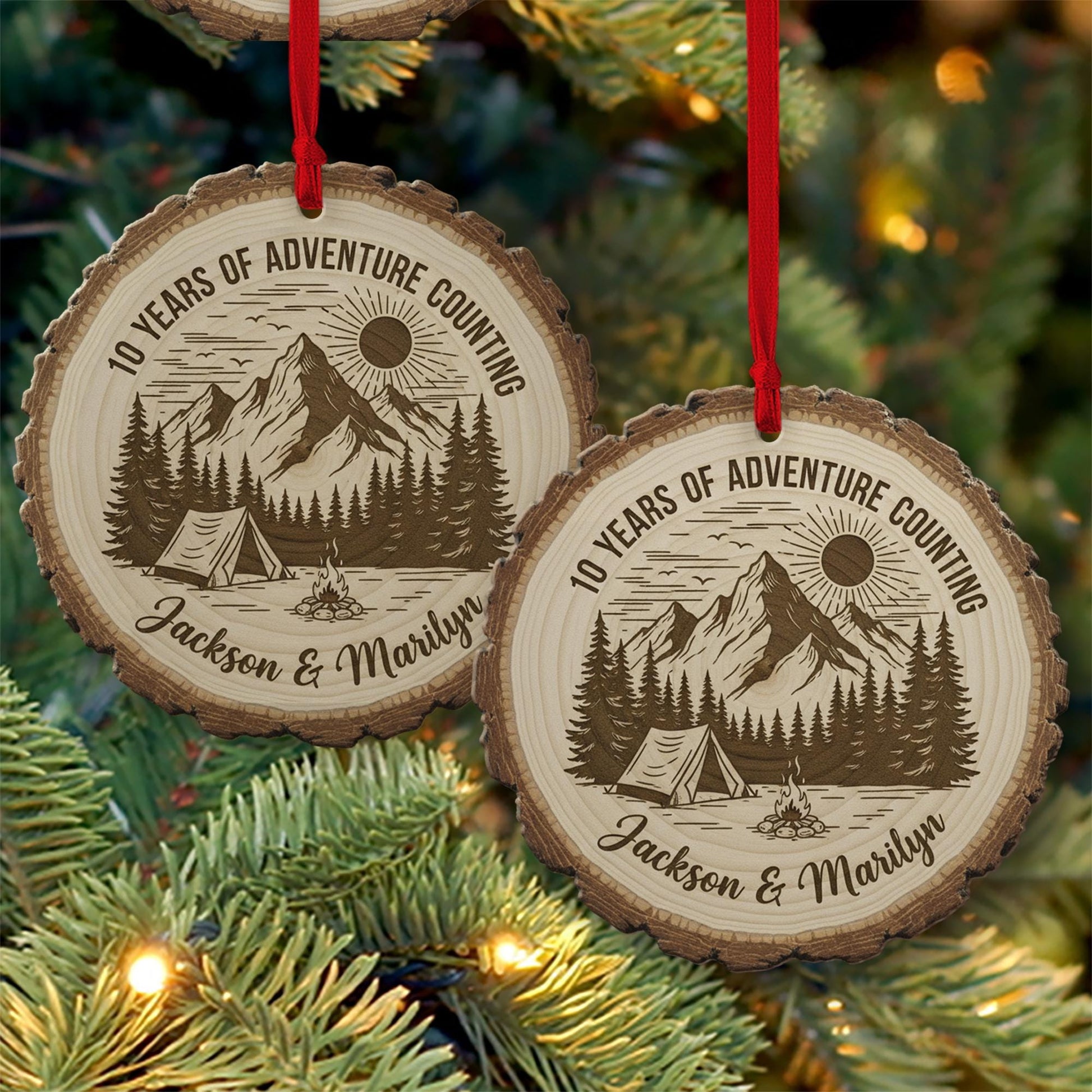 10 Year Anniversary Ornament - Personalized Adventure Couple Wood Slice Gift