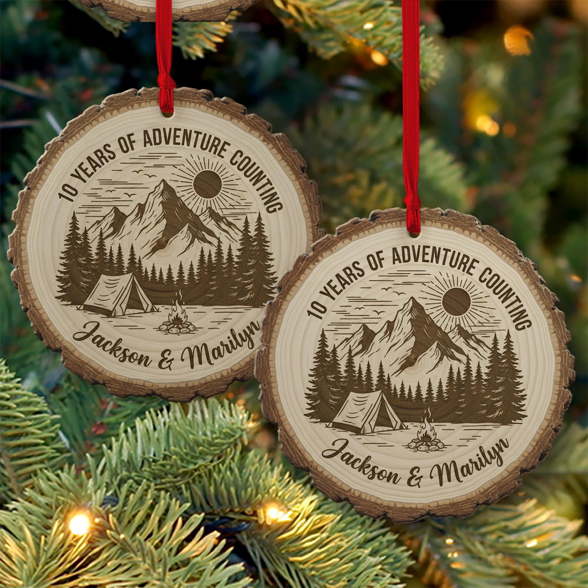 10 Year Anniversary Ornament - Personalized Adventure Couple Wood Slice Gift