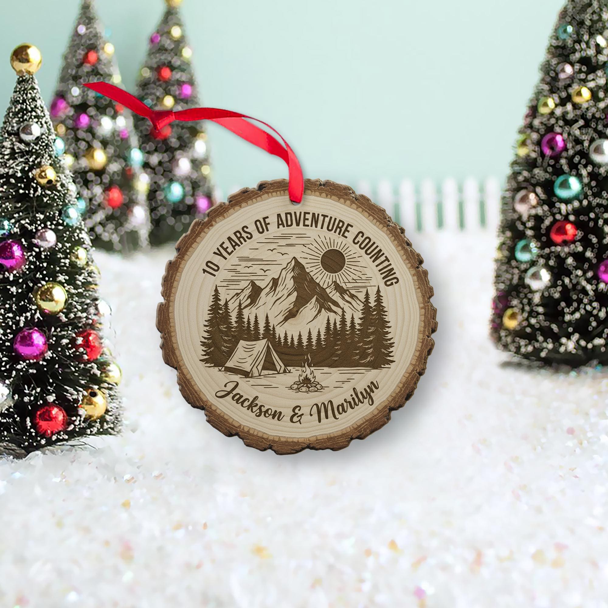 10 Year Anniversary Ornament - Personalized Adventure Couple Wood Slice Gift