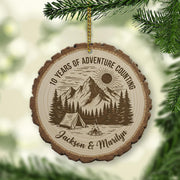 10 Year Anniversary Ornament - Personalized Adventure Couple Wood Slice Gift