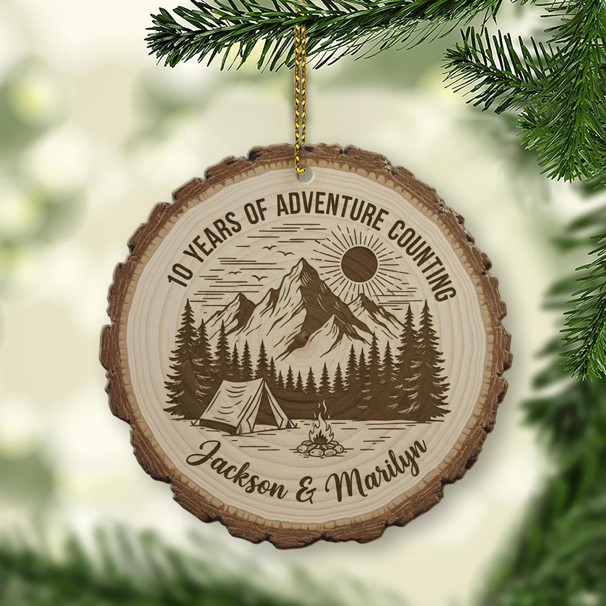 10 Year Anniversary Ornament - Personalized Adventure Couple Wood Slice Gift