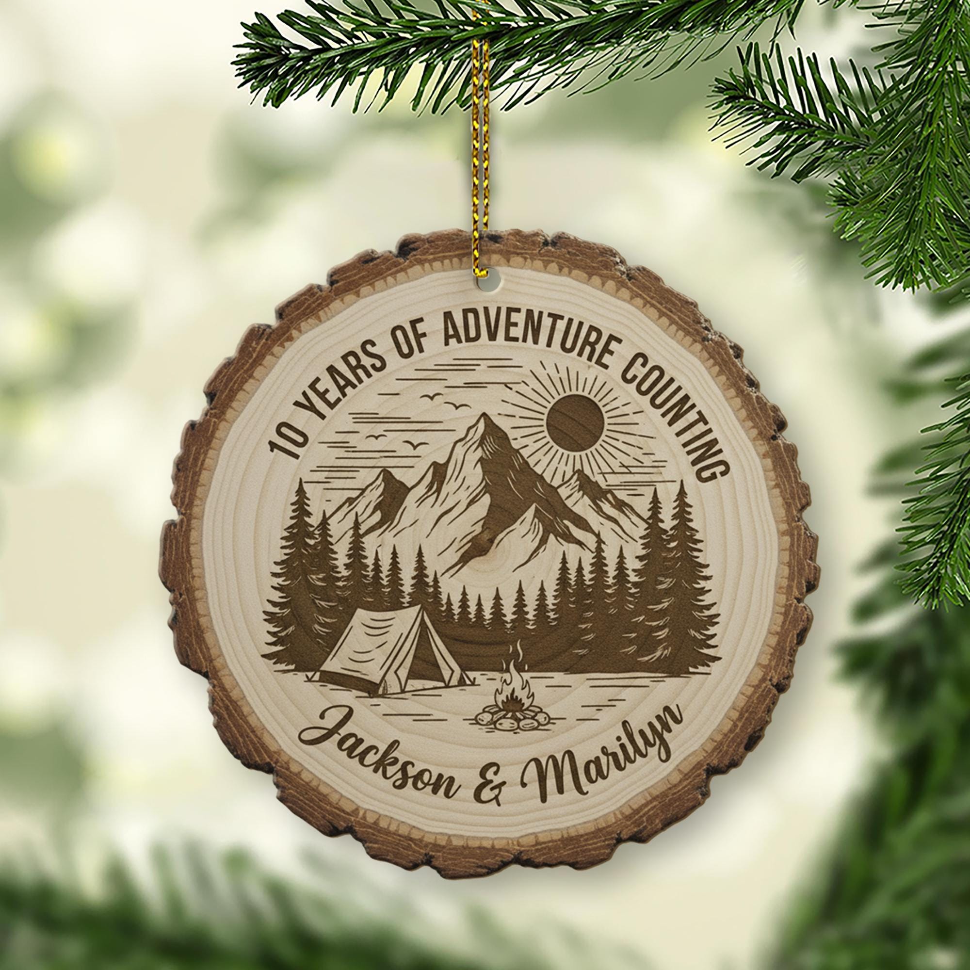 10 Year Anniversary Ornament - Personalized Adventure Couple Wood Slice Gift