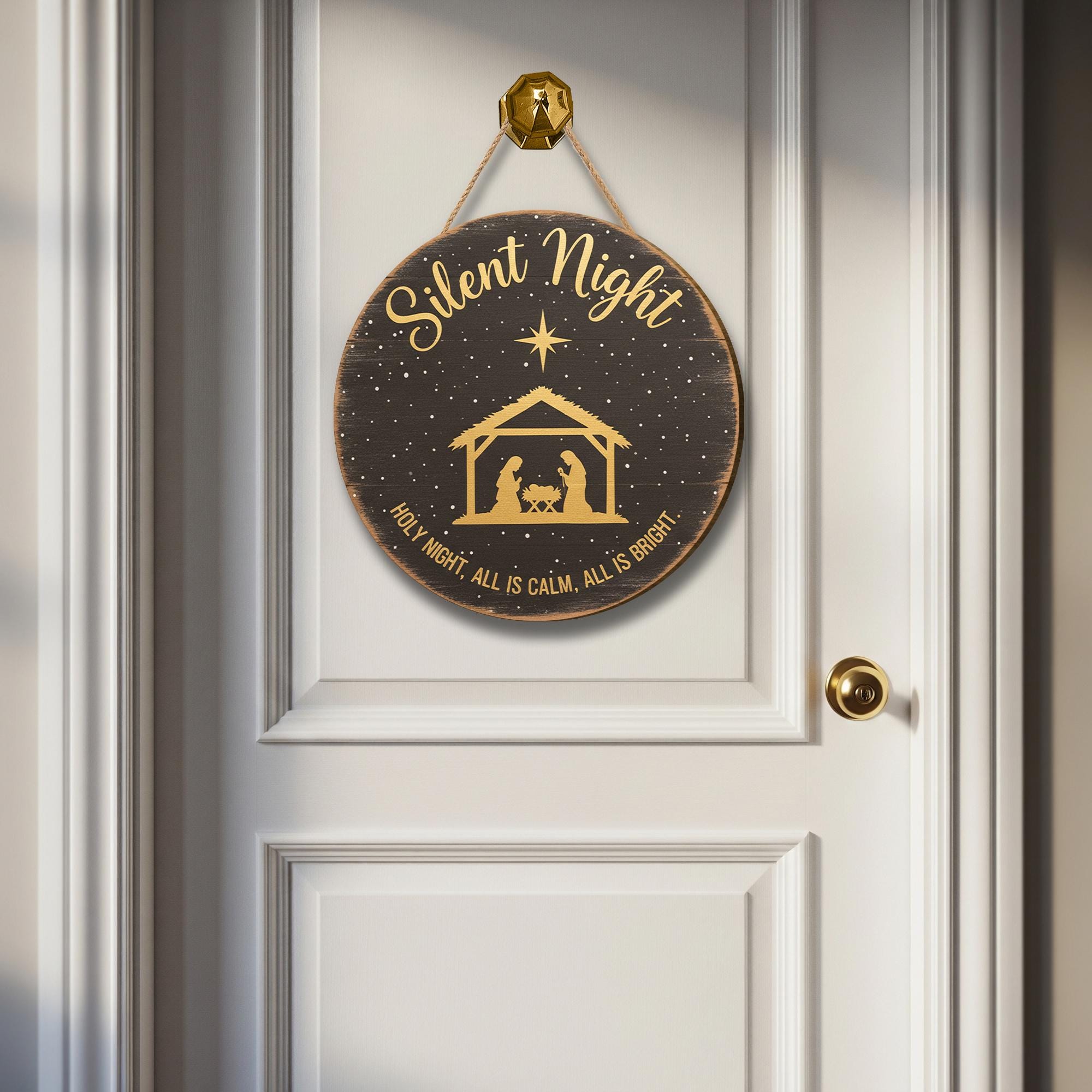 Silent Night Door Sign - Holy Night Nativity Christmas Hanger, Religious Holiday Decor