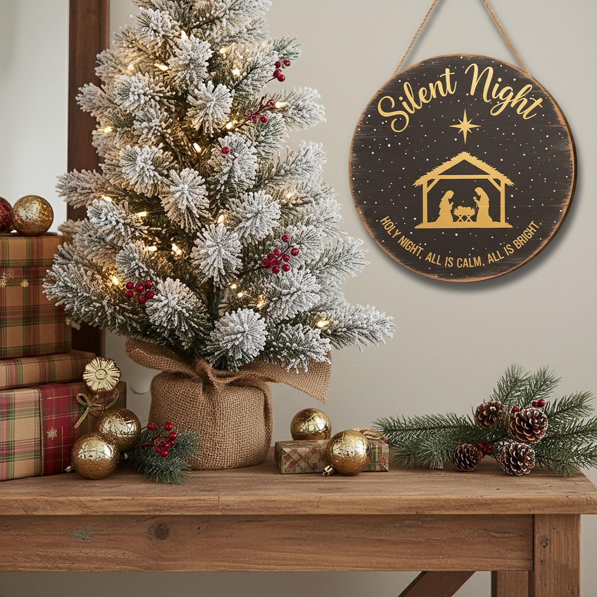 Silent Night Door Sign - Holy Night Nativity Christmas Hanger, Religious Holiday Decor