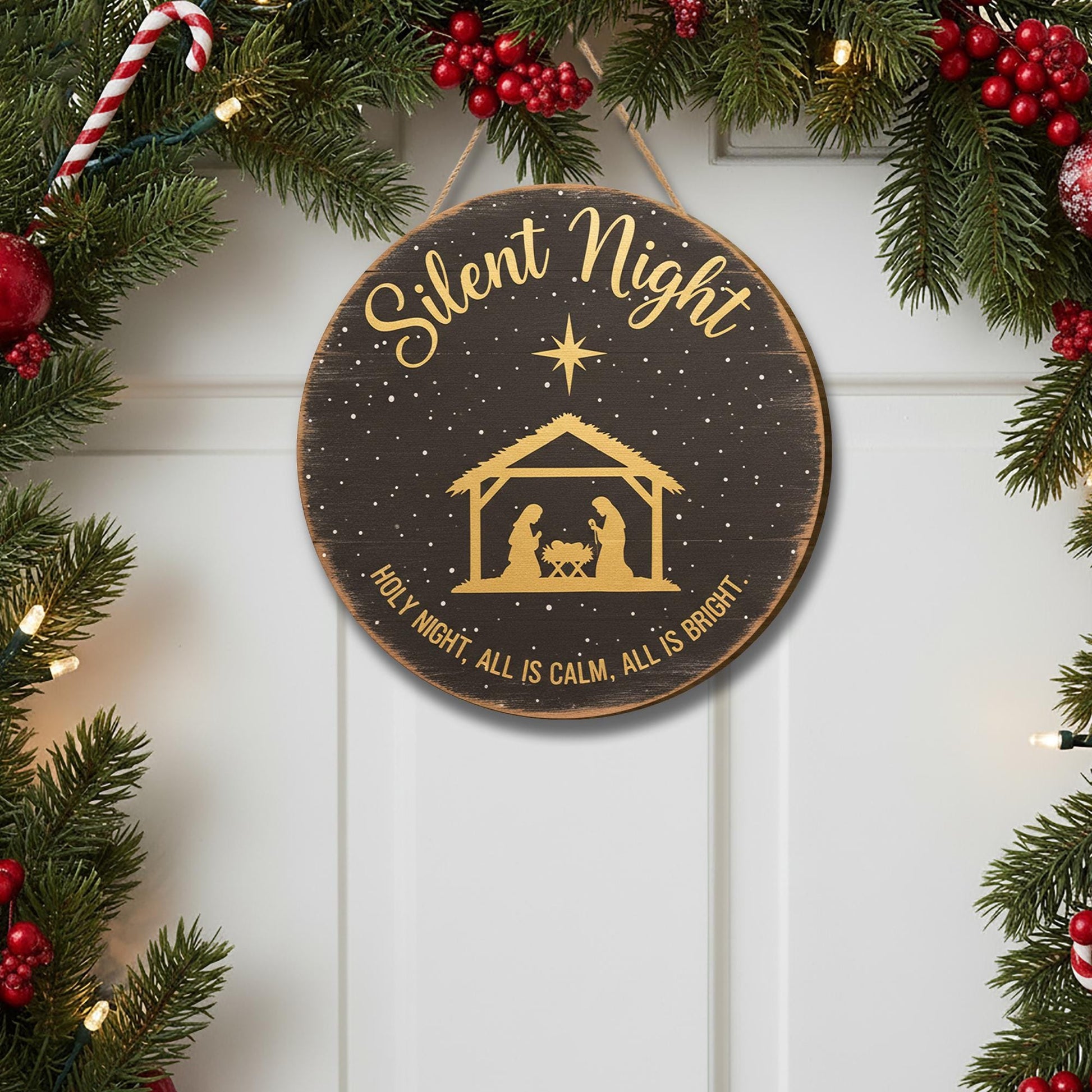 Silent Night Door Sign - Holy Night Nativity Christmas Hanger, Religious Holiday Decor