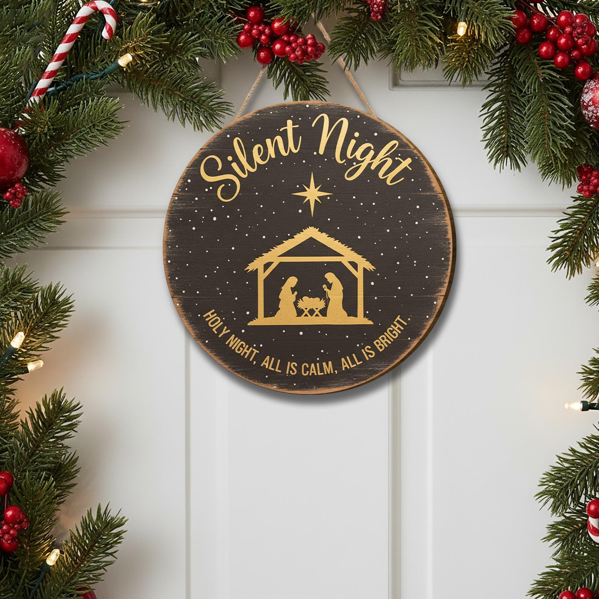 Silent Night Door Sign - Holy Night Nativity Christmas Hanger, Religious Holiday Decor