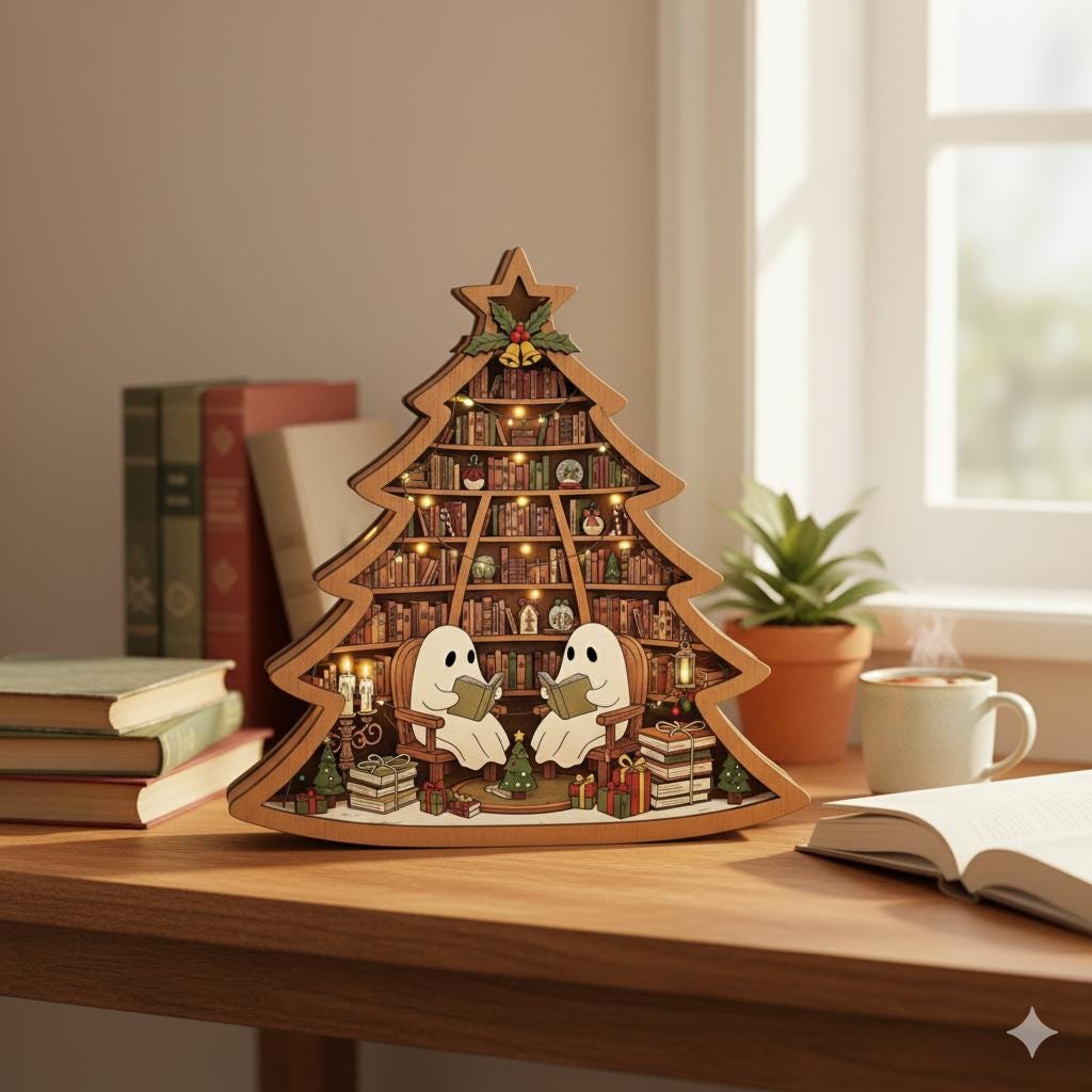 Ghost Christmas Tree Wooden Block – Cozy Book Lover Holiday Decoration