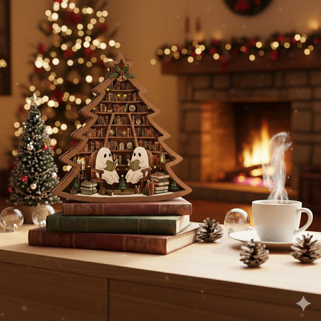 Ghost Christmas Tree Wooden Block – Cozy Book Lover Holiday Decoration