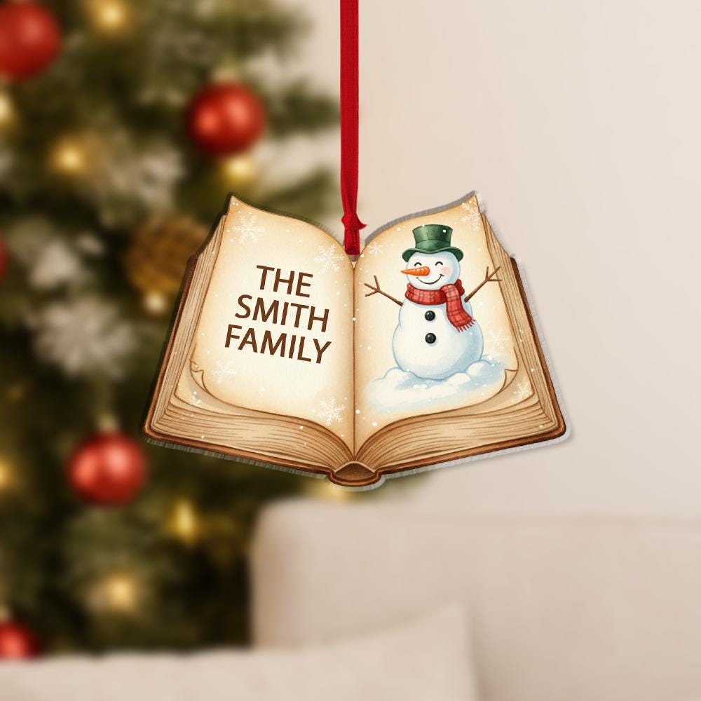Personalized Family Ornament – Custom Book Snowman Christmas Tree Decoration