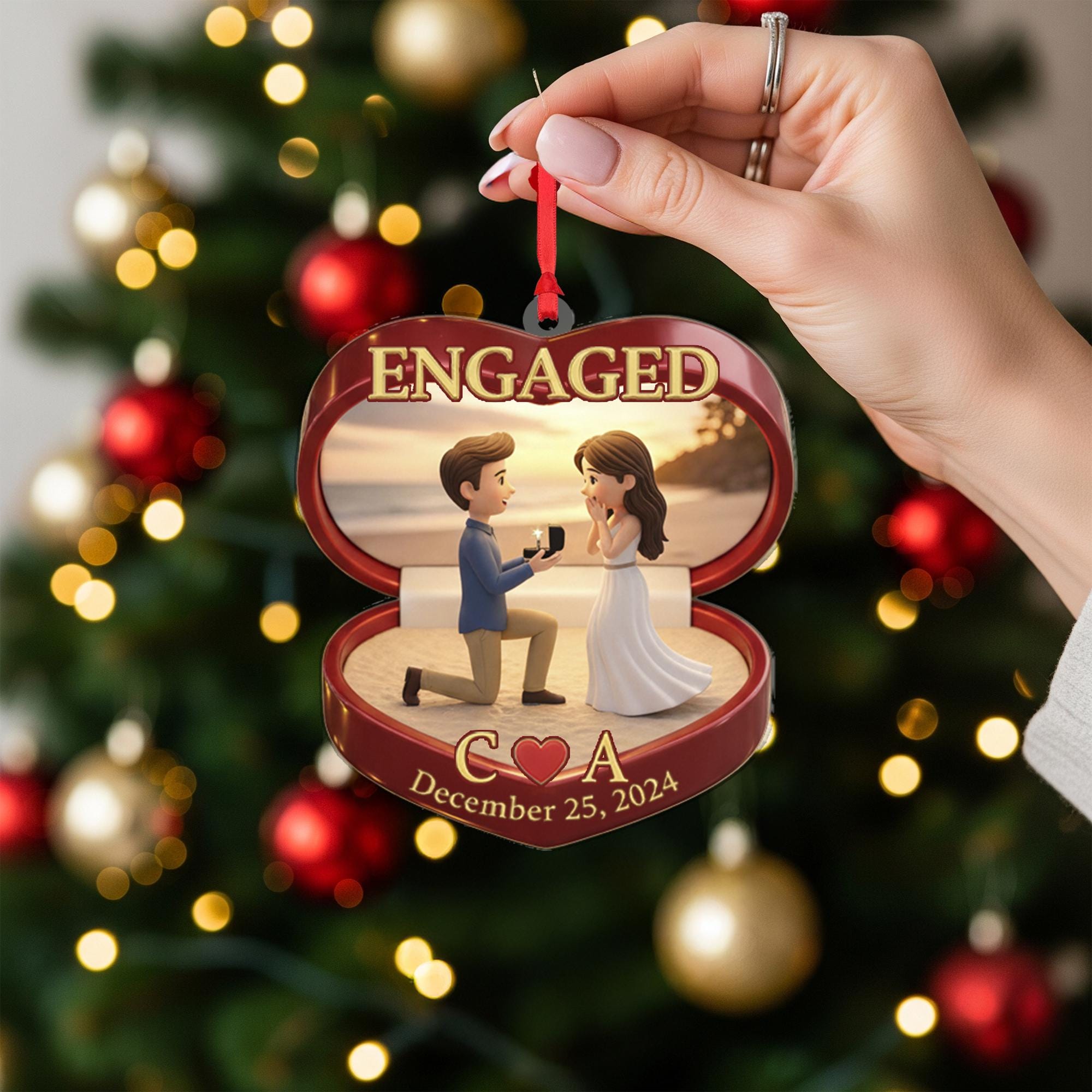 Engagement Ornament Ring Box Shape - Red Heart Ornament - Custom Initials & Date Decoration
