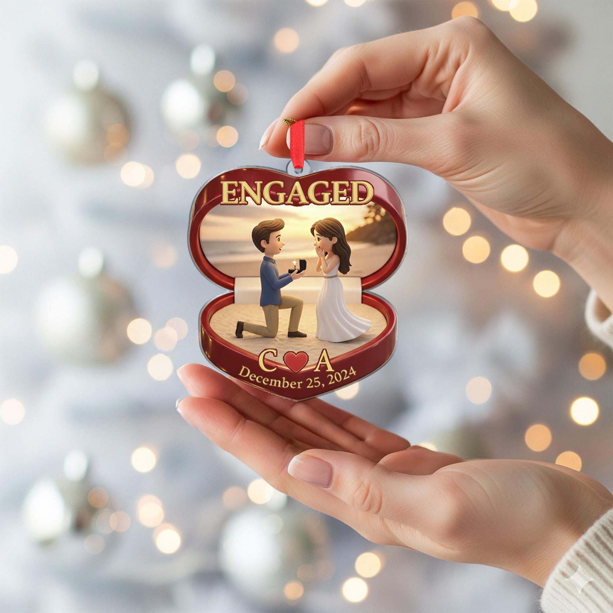Engagement Ornament Ring Box Shape - Red Heart Ornament - Custom Initials & Date Decoration
