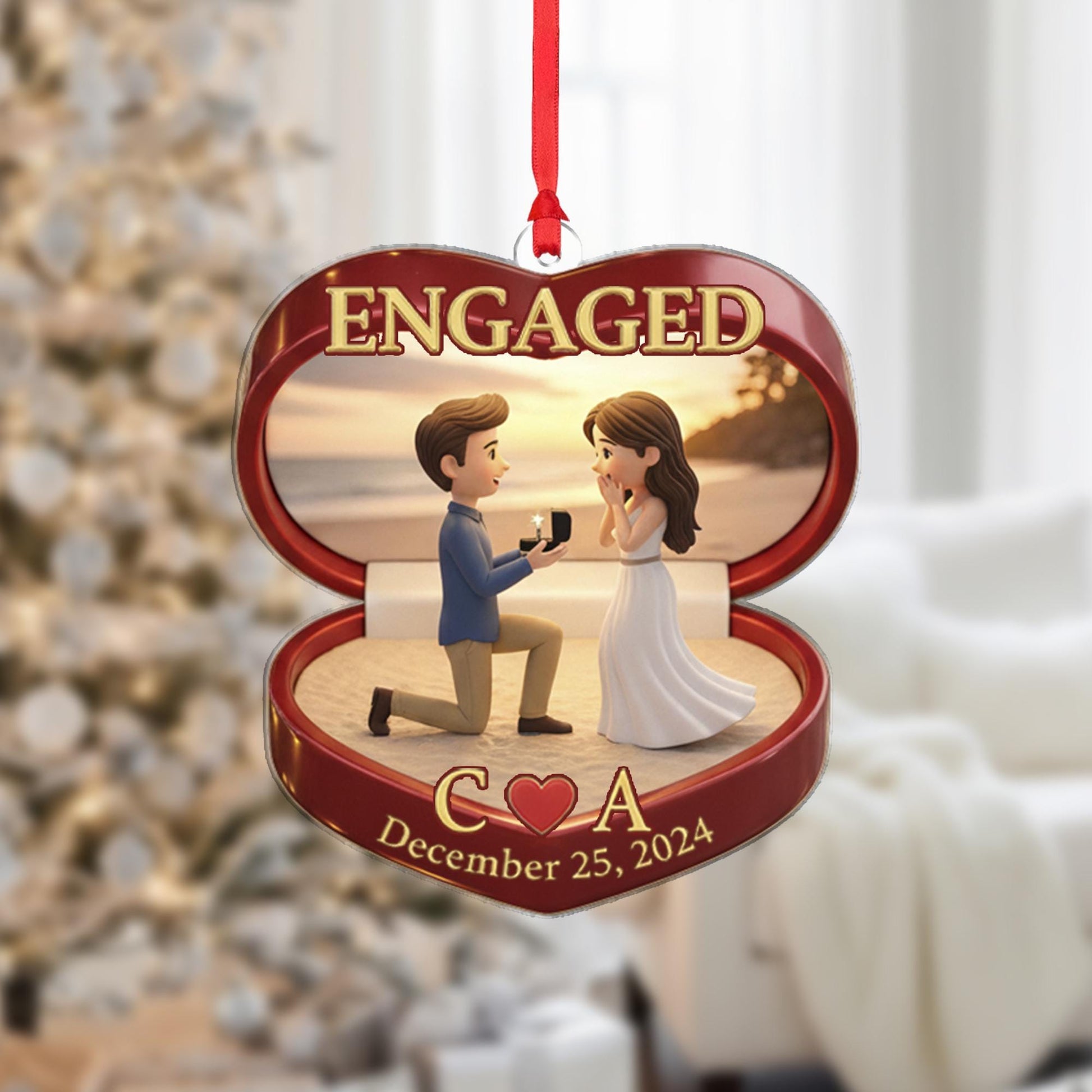 Engagement Ornament Ring Box Shape - Red Heart Ornament - Custom Initials & Date Decoration