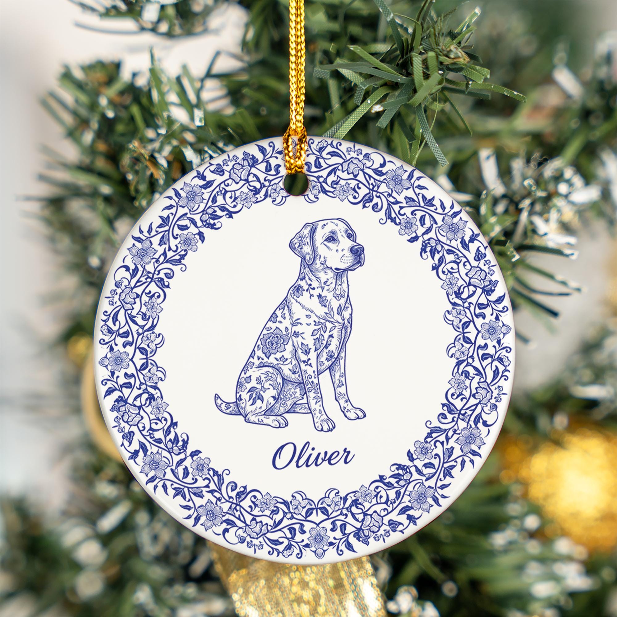 Personalized Ceramic Dog Ornament – Custom Name Blue Floral Pet Decoration