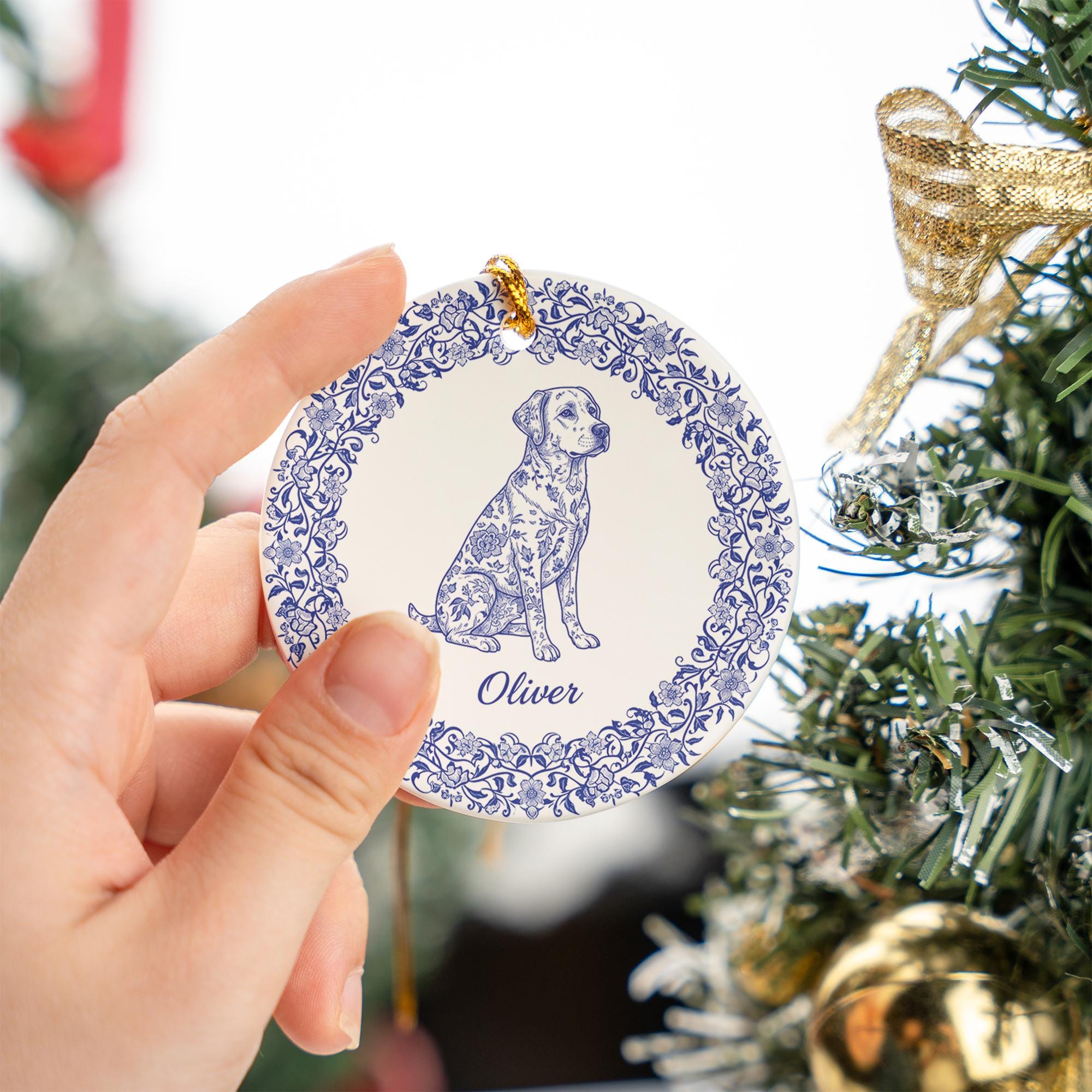 Personalized Ceramic Dog Ornament – Custom Name Blue Floral Pet Decoration