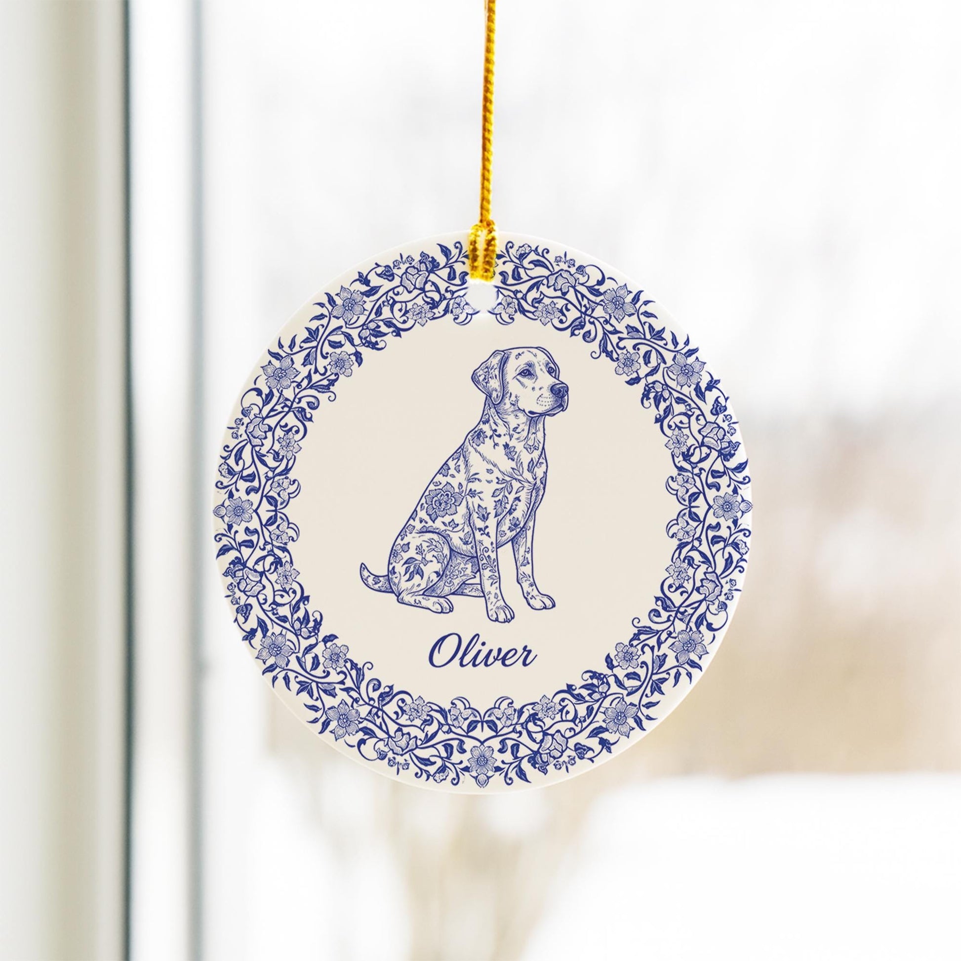 Personalized Ceramic Dog Ornament – Custom Name Blue Floral Pet Decoration