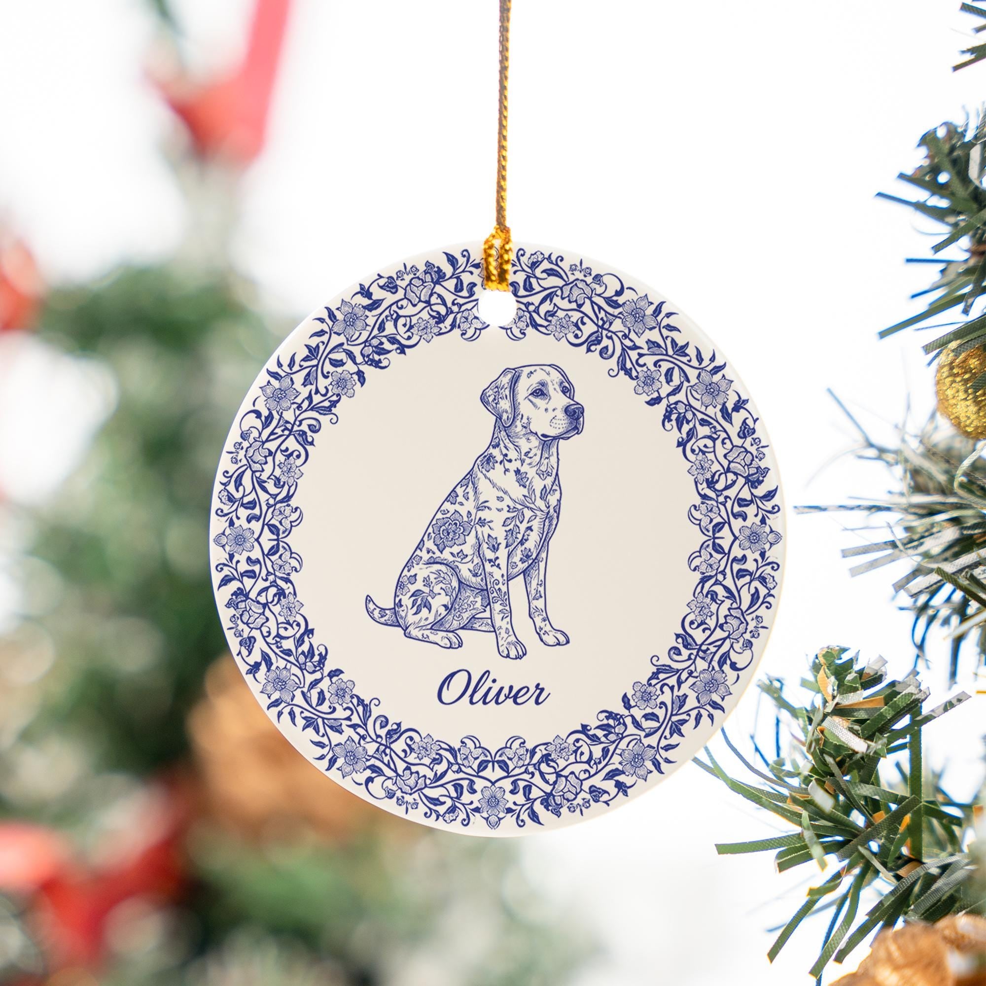 Personalized Ceramic Dog Ornament – Custom Name Blue Floral Pet Decoration