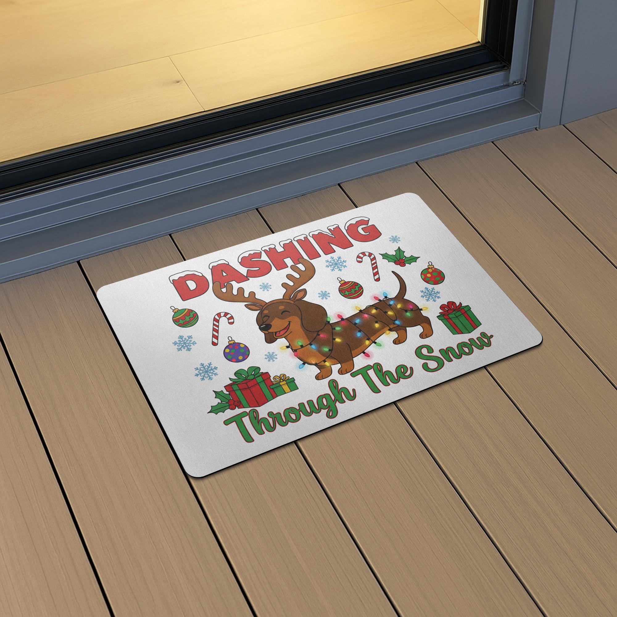 Christmas Doormat Dachshund Reindeer Lights | Holiday Entry Rug Indoor Outdoor | Funny Pet Winter Decor