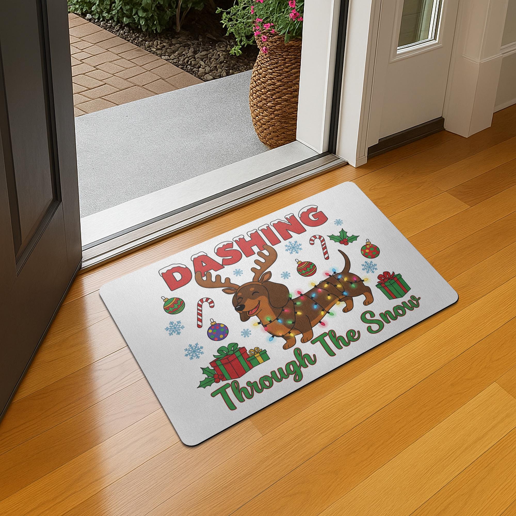 Christmas Doormat Dachshund Reindeer Lights | Holiday Entry Rug Indoor Outdoor | Funny Pet Winter Decor
