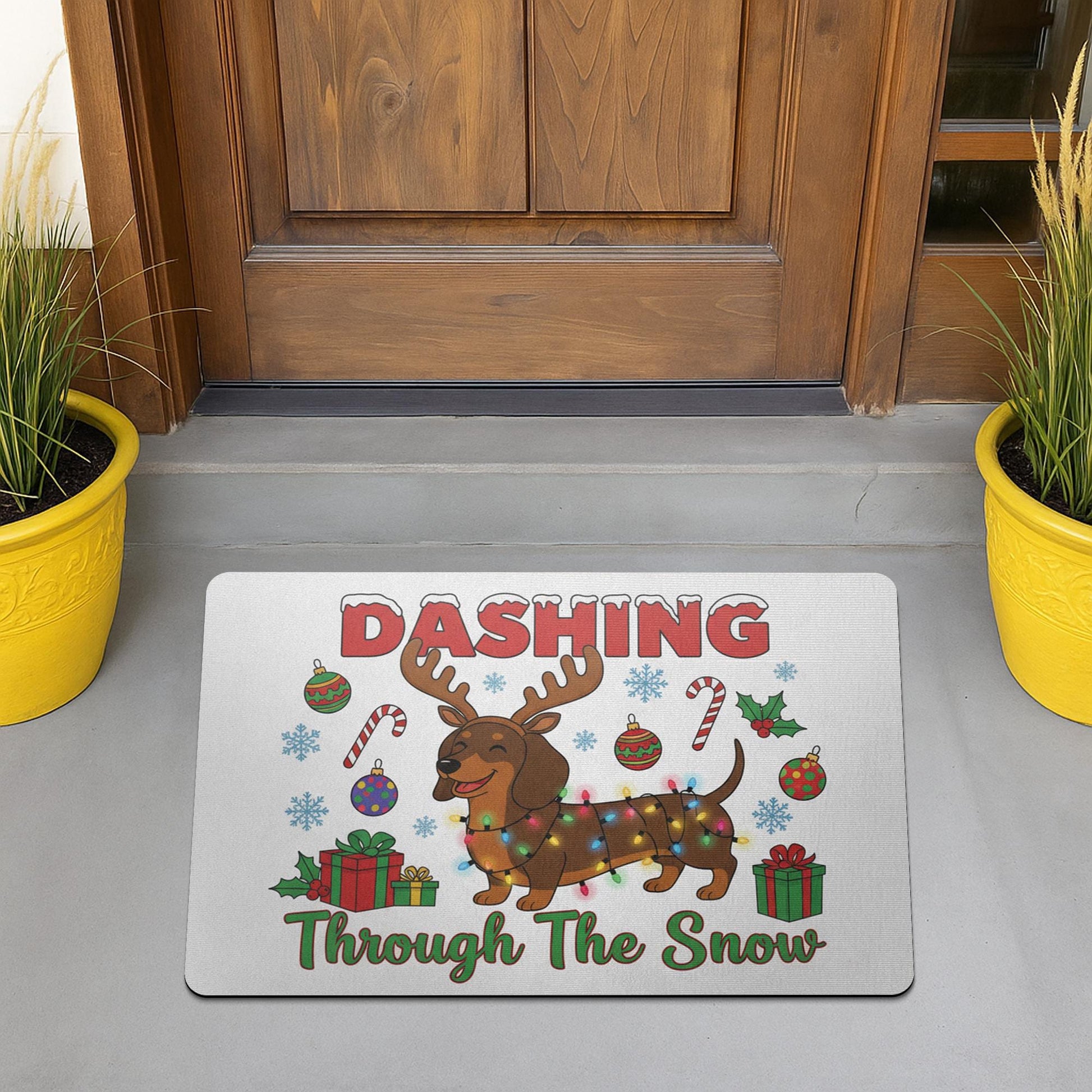 Christmas Doormat Dachshund Reindeer Lights | Holiday Entry Rug Indoor Outdoor | Funny Pet Winter Decor