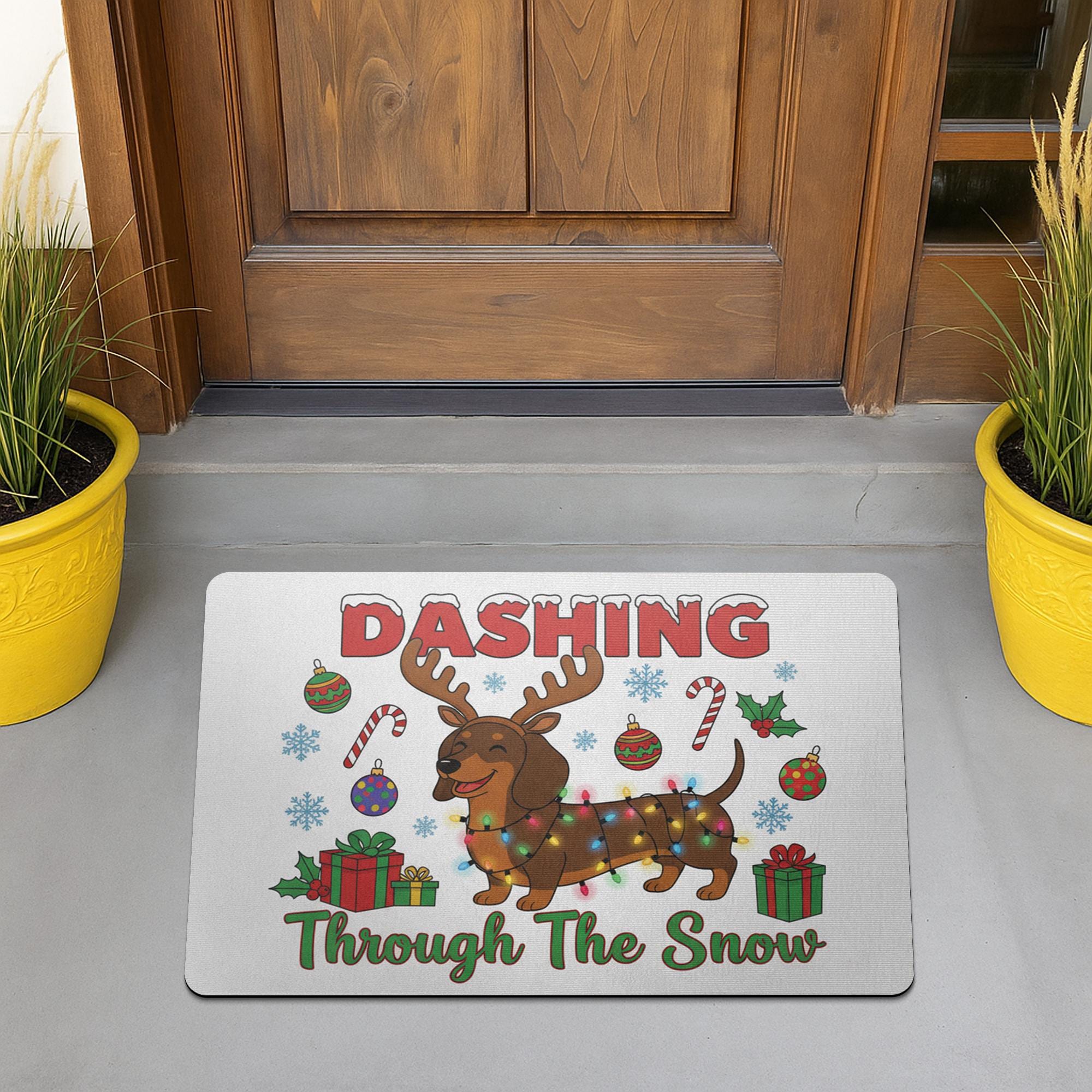 Christmas Doormat Dachshund Reindeer Lights | Holiday Entry Rug Indoor Outdoor | Funny Pet Winter Decor