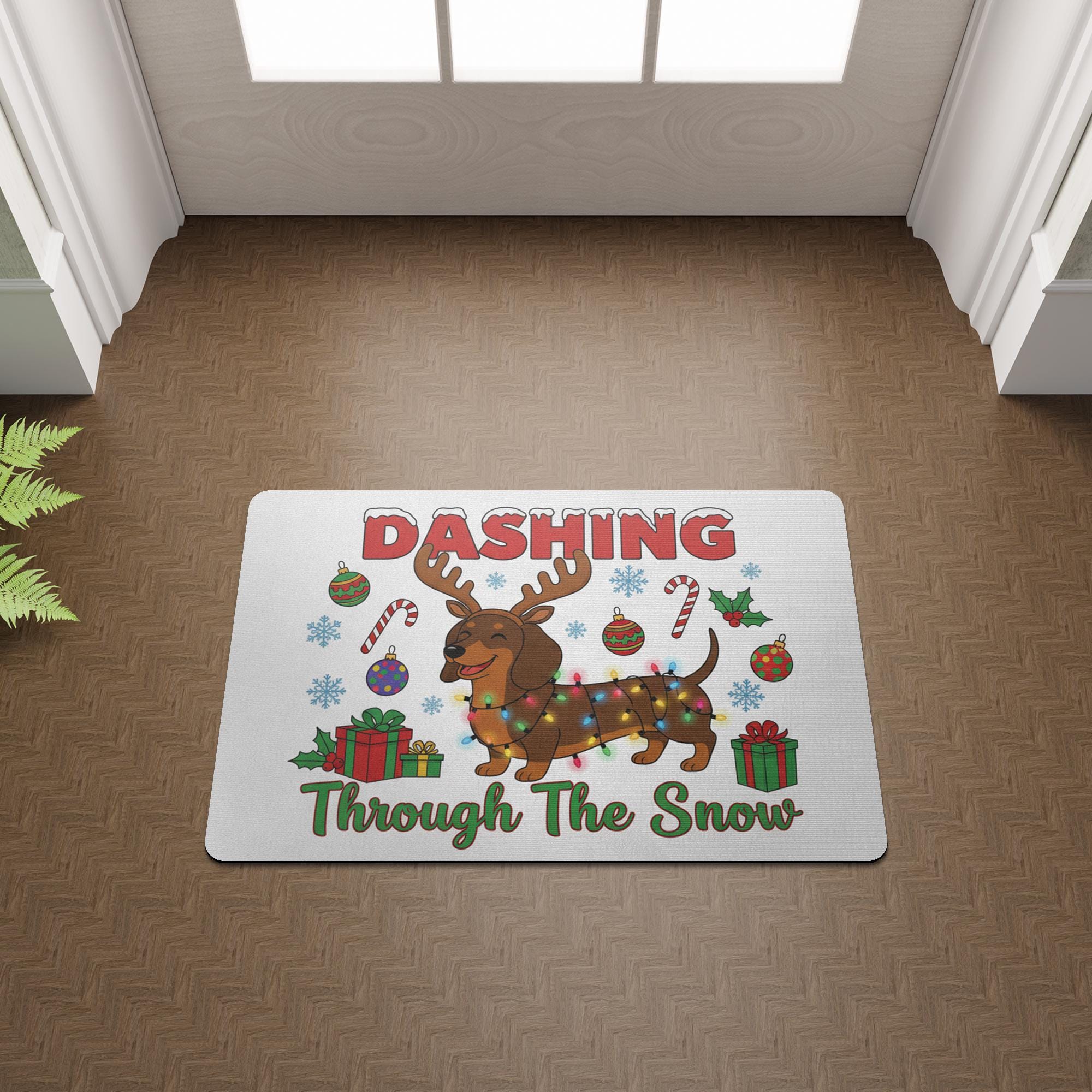 Christmas Doormat Dachshund Reindeer Lights | Holiday Entry Rug Indoor Outdoor | Funny Pet Winter Decor