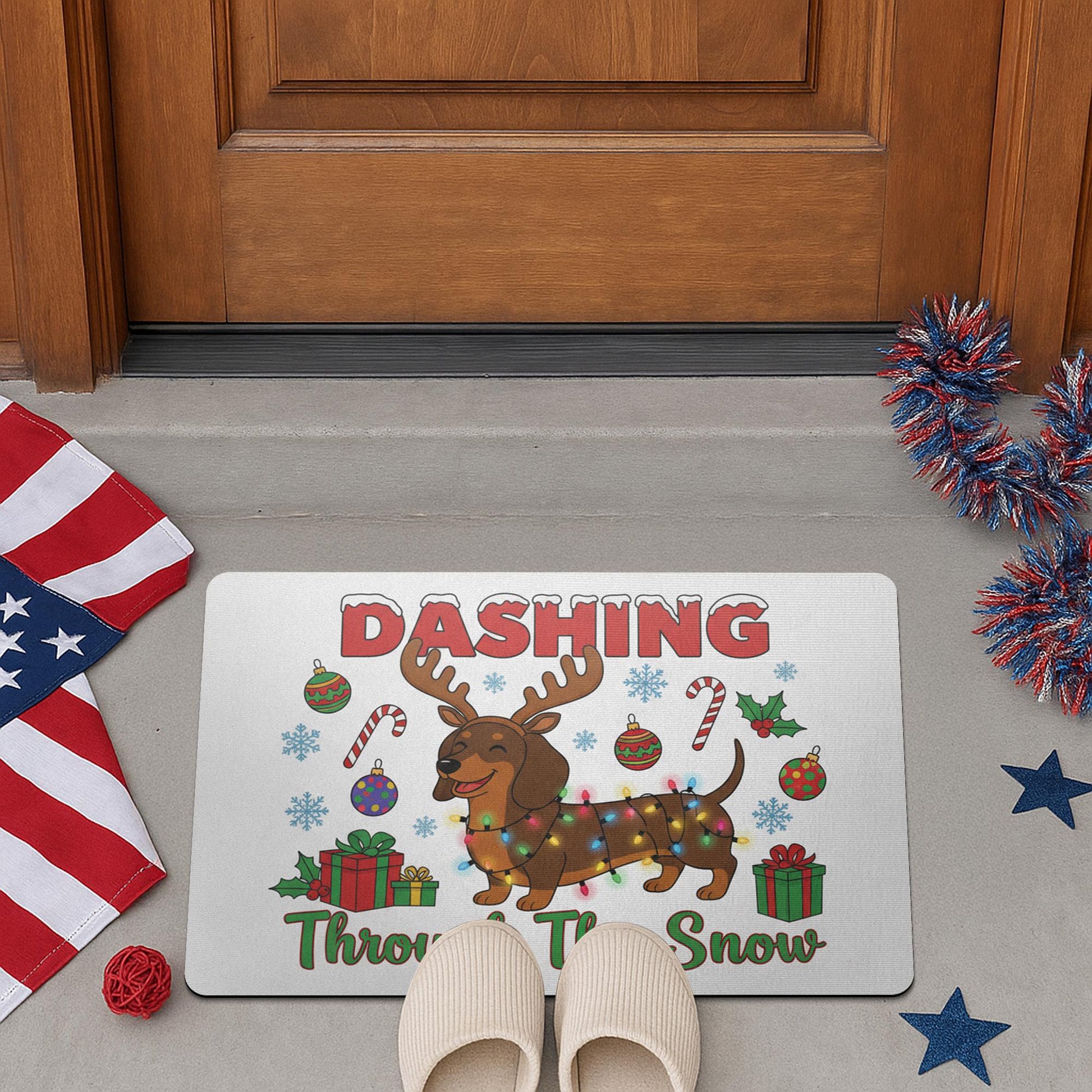 Christmas Doormat Dachshund Reindeer Lights | Holiday Entry Rug Indoor Outdoor | Funny Pet Winter Decor