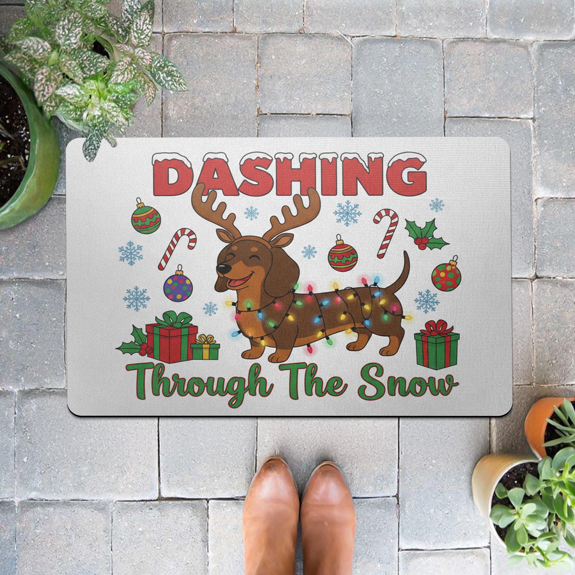 Christmas Doormat Dachshund Reindeer Lights | Holiday Entry Rug Indoor Outdoor | Funny Pet Winter Decor