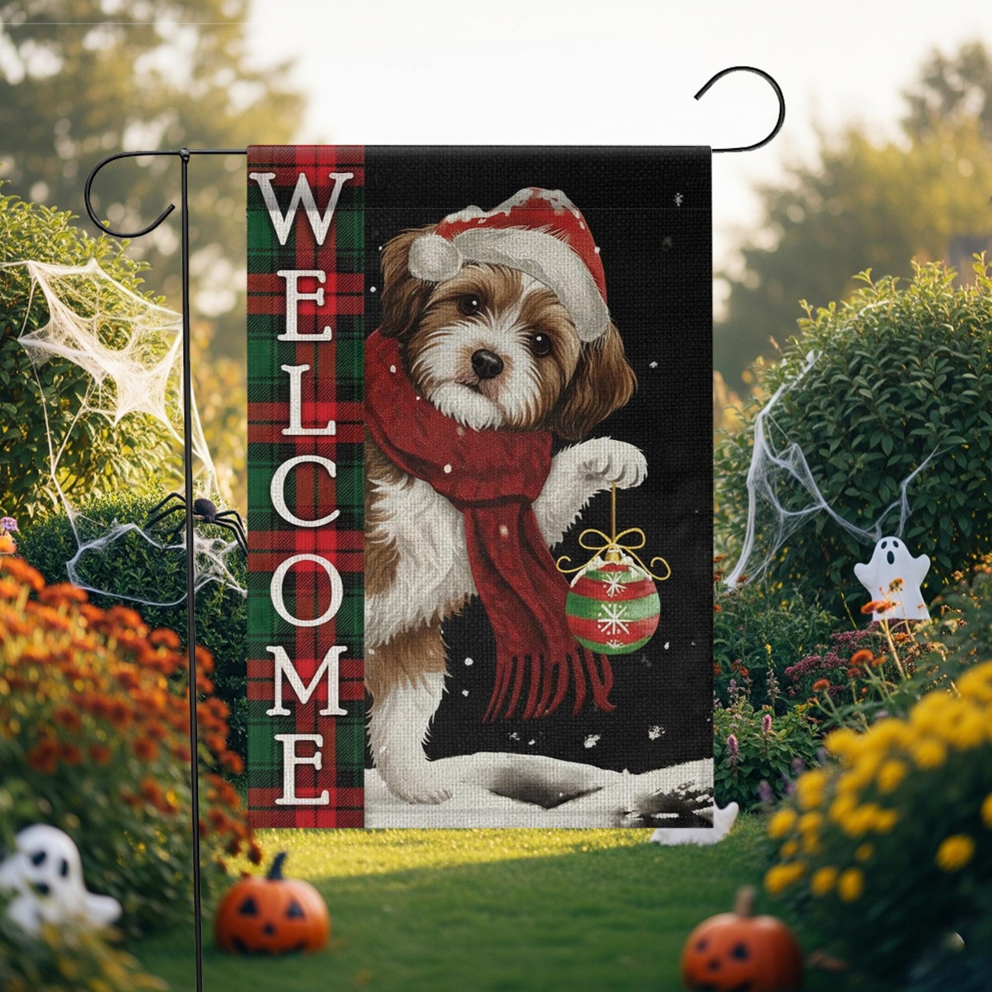 Christmas Garden Flag Dog Welcome | Holiday Outdoor Yard Banner | Winter Plaid Pet Decoration