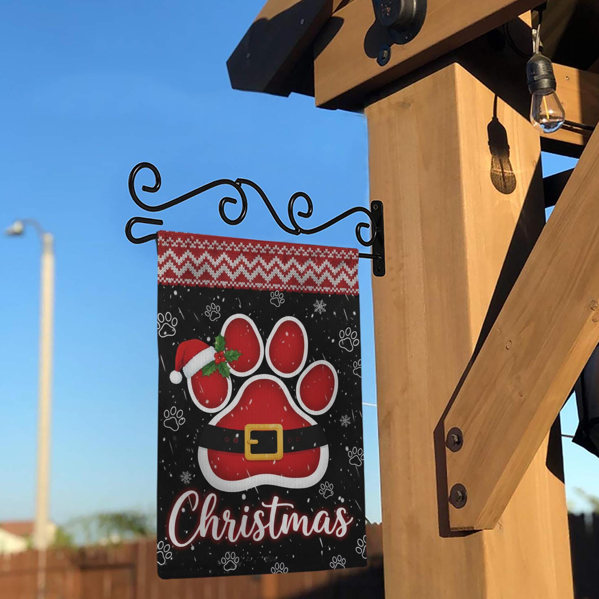 Christmas Garden Flag: Paw Print Santa Belt Holiday Decor