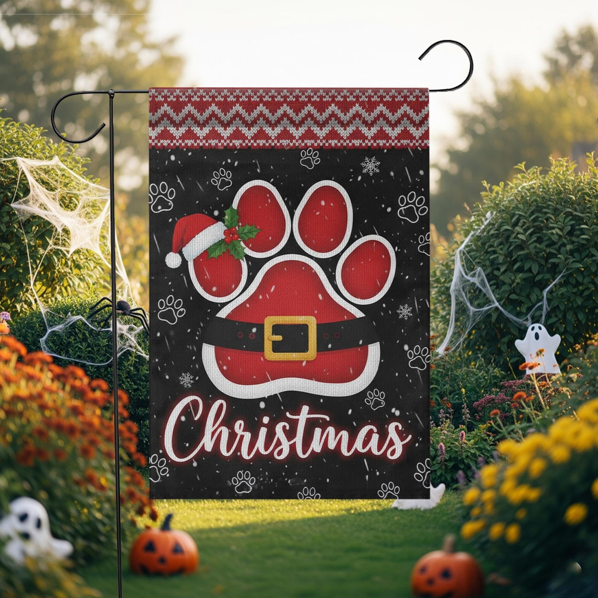 Christmas Garden Flag: Paw Print Santa Belt Holiday Decor