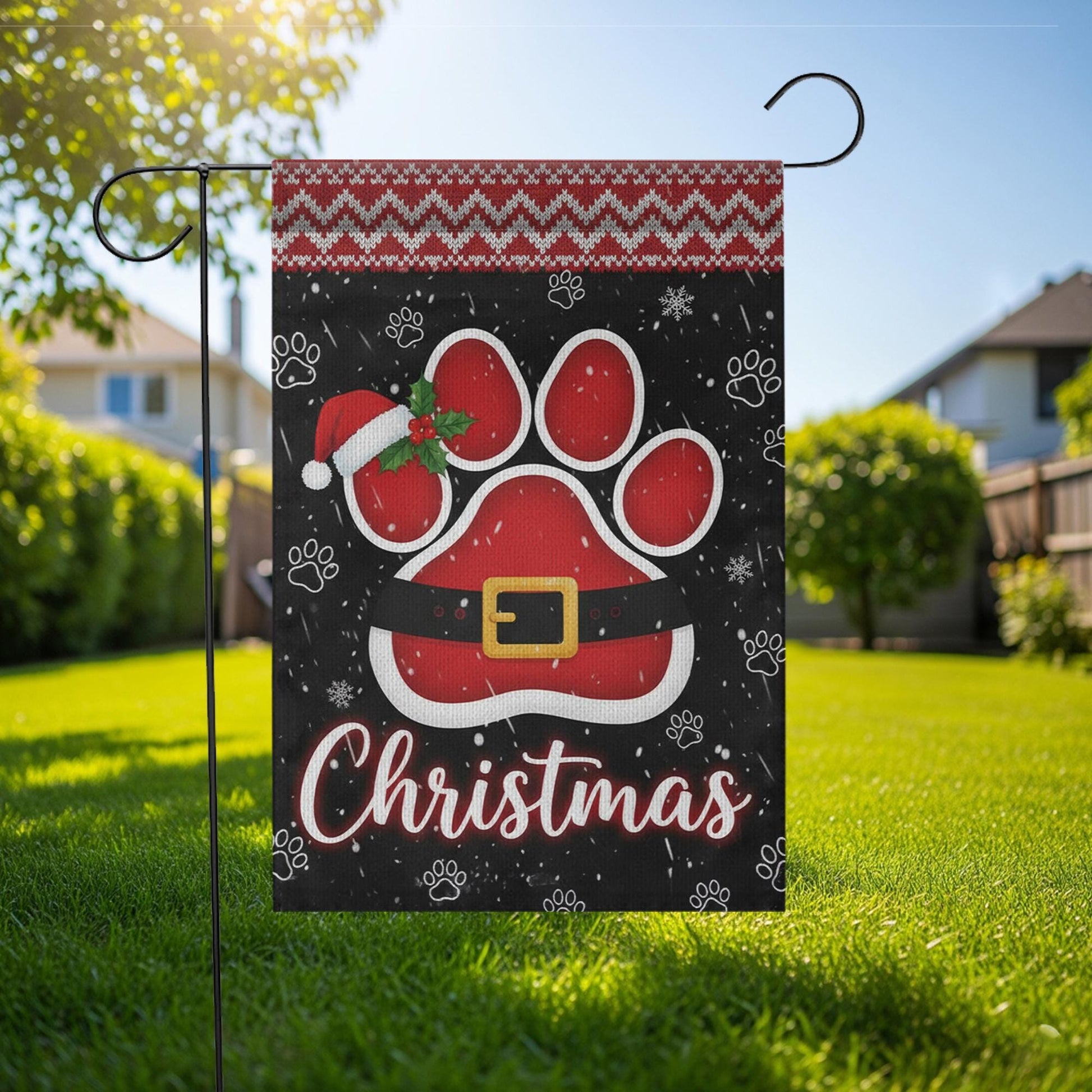 Christmas Garden Flag: Paw Print Santa Belt Holiday Decor
