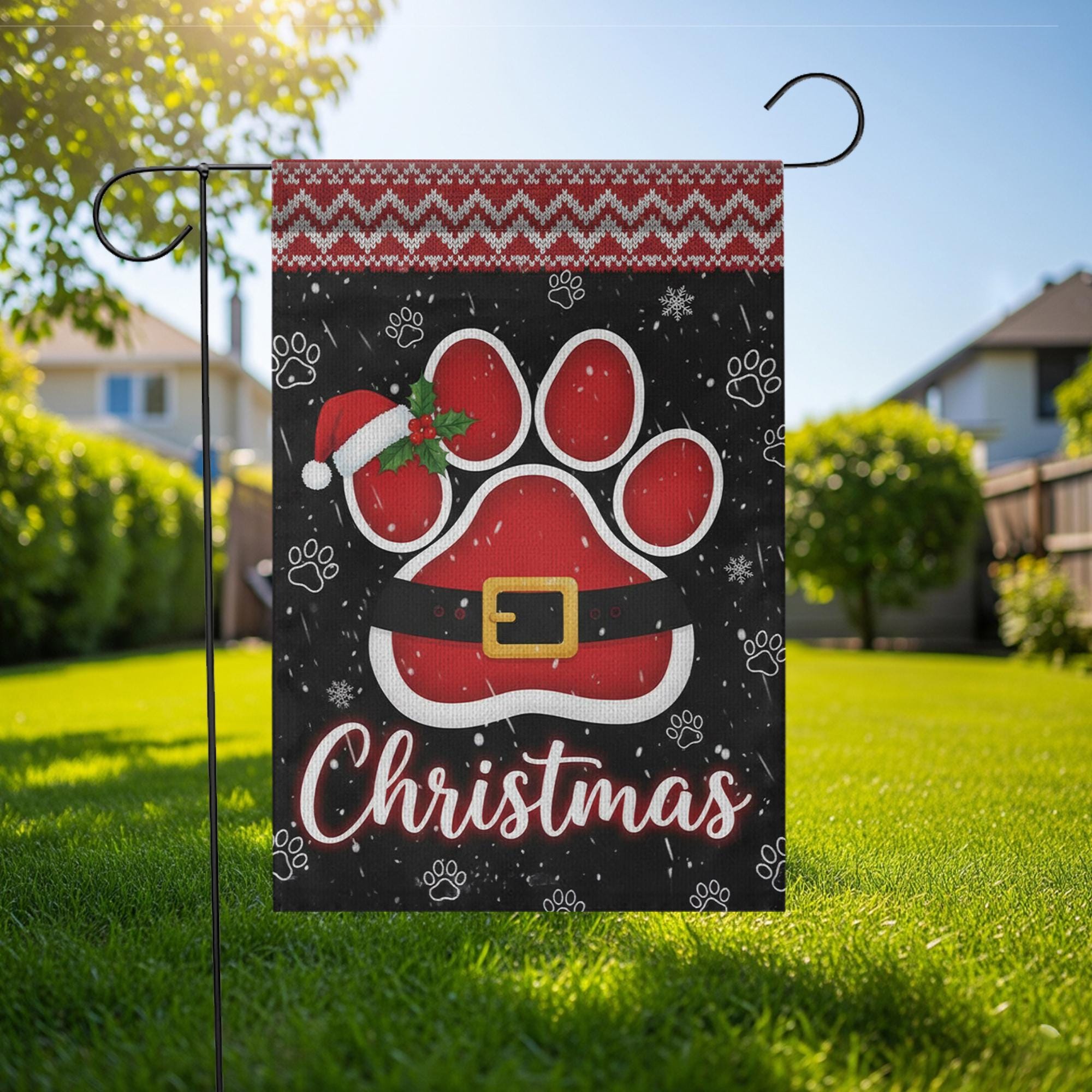 Christmas Garden Flag: Paw Print Santa Belt Holiday Decor