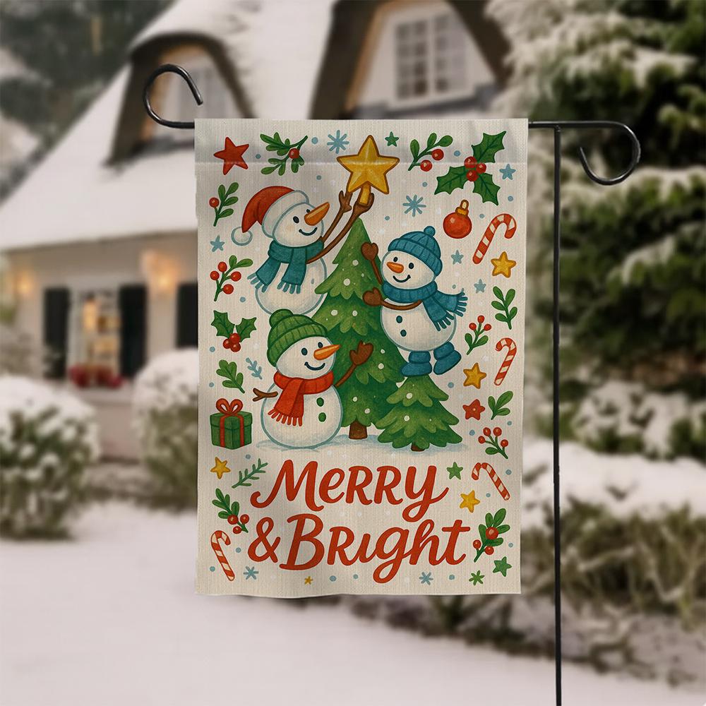 Merry and Bright Garden Flag – Christmas Snowman Outdoor Holiday Yard Decoration