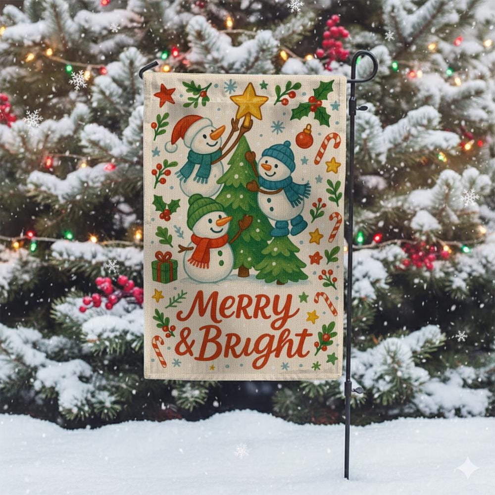Merry and Bright Garden Flag – Christmas Snowman Outdoor Holiday Yard Decoration