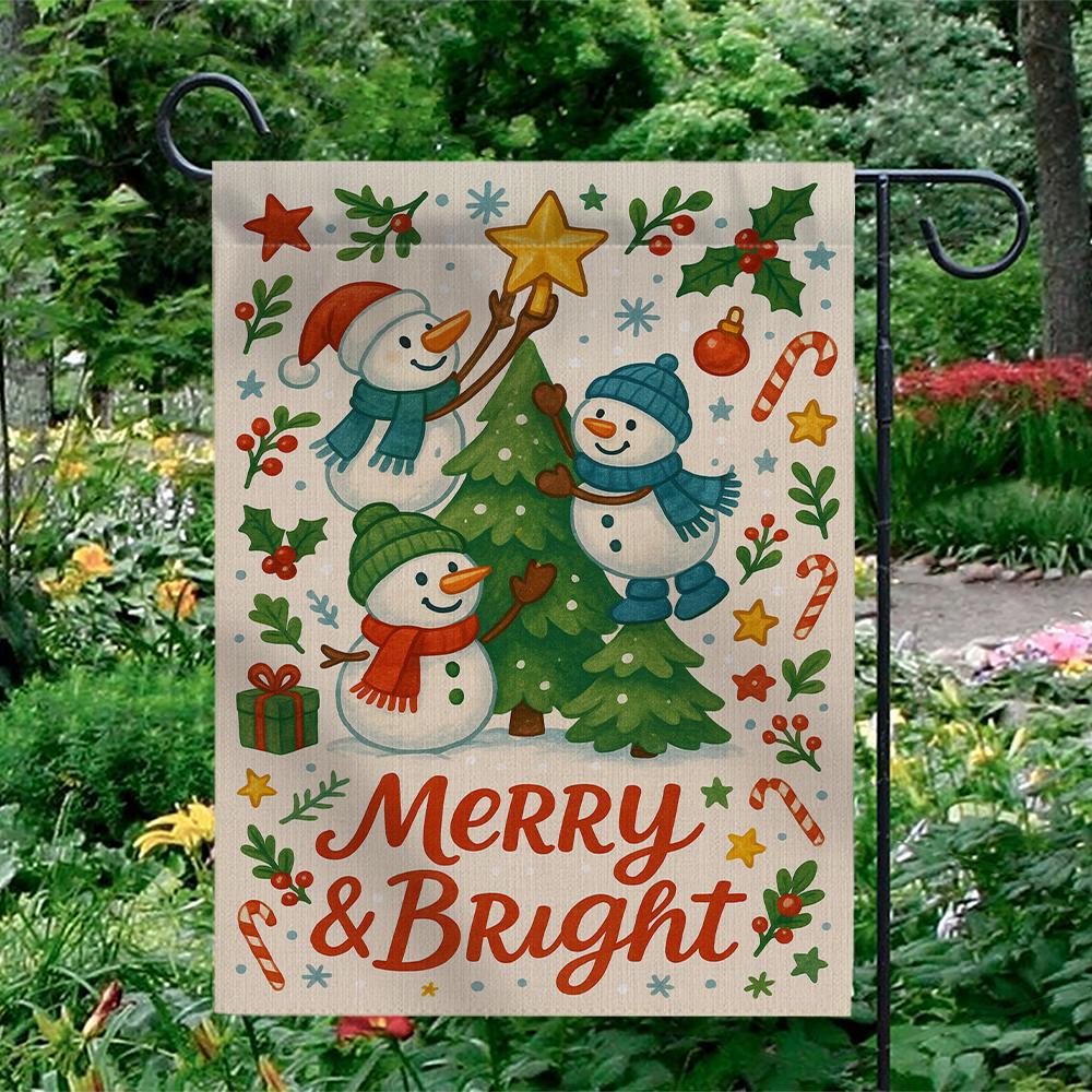 Merry and Bright Garden Flag – Christmas Snowman Outdoor Holiday Yard Decoration