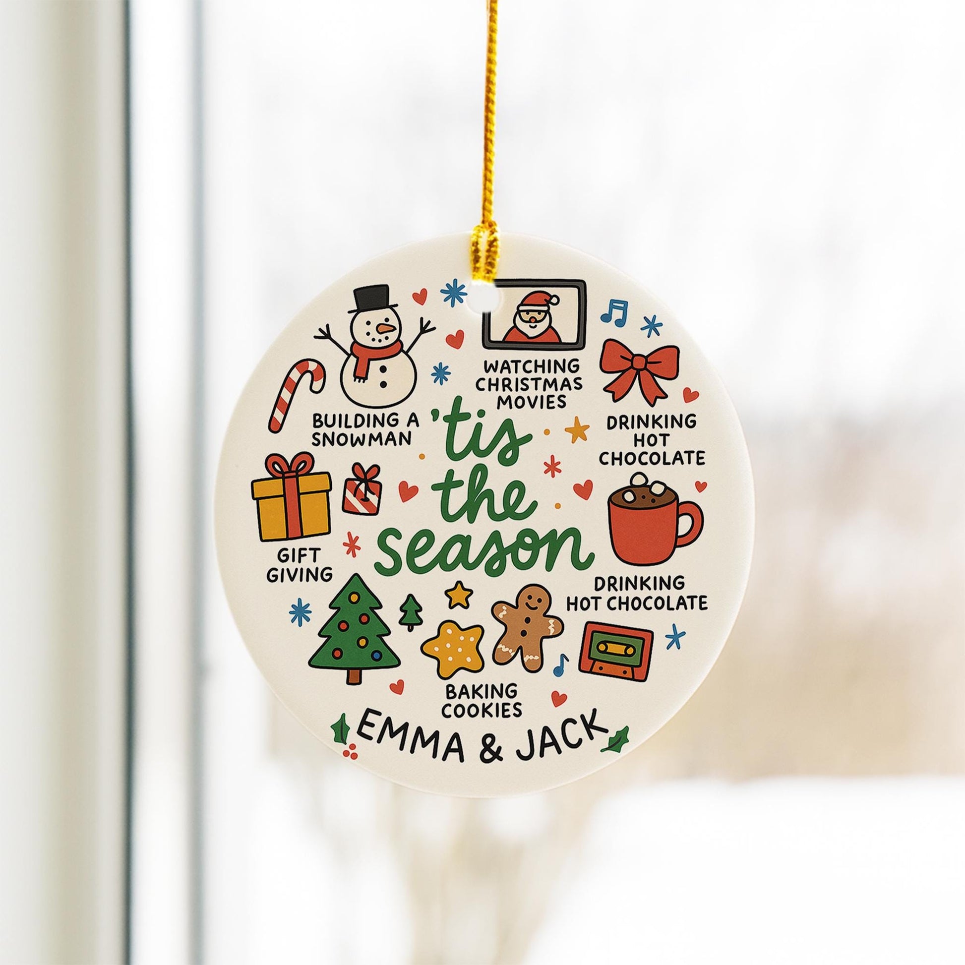 Personalized Ceramic Christmas Ornament: Tis The Season, Holiday Activities Round Decoration